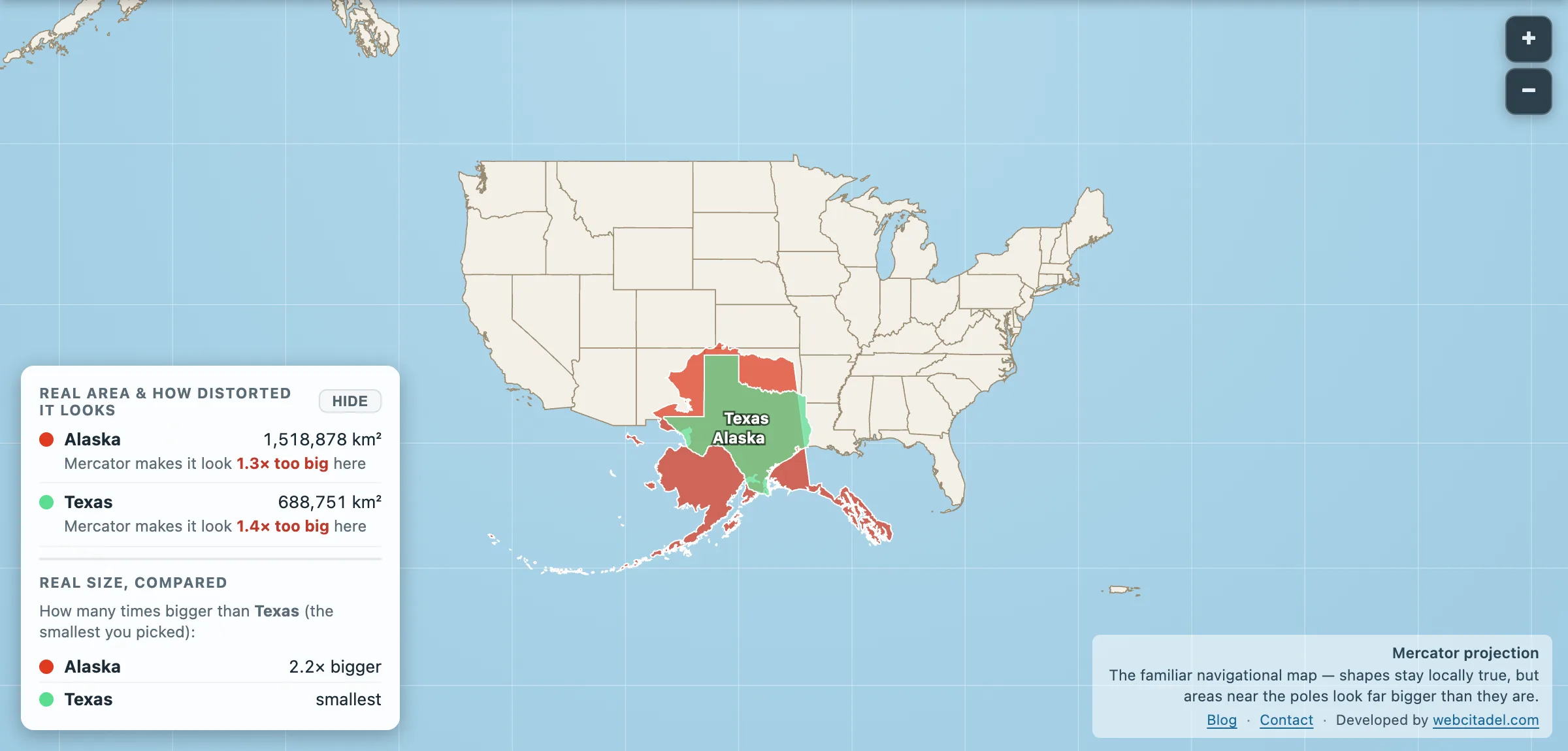 Alaska dragged next to Texas on a Mercator map