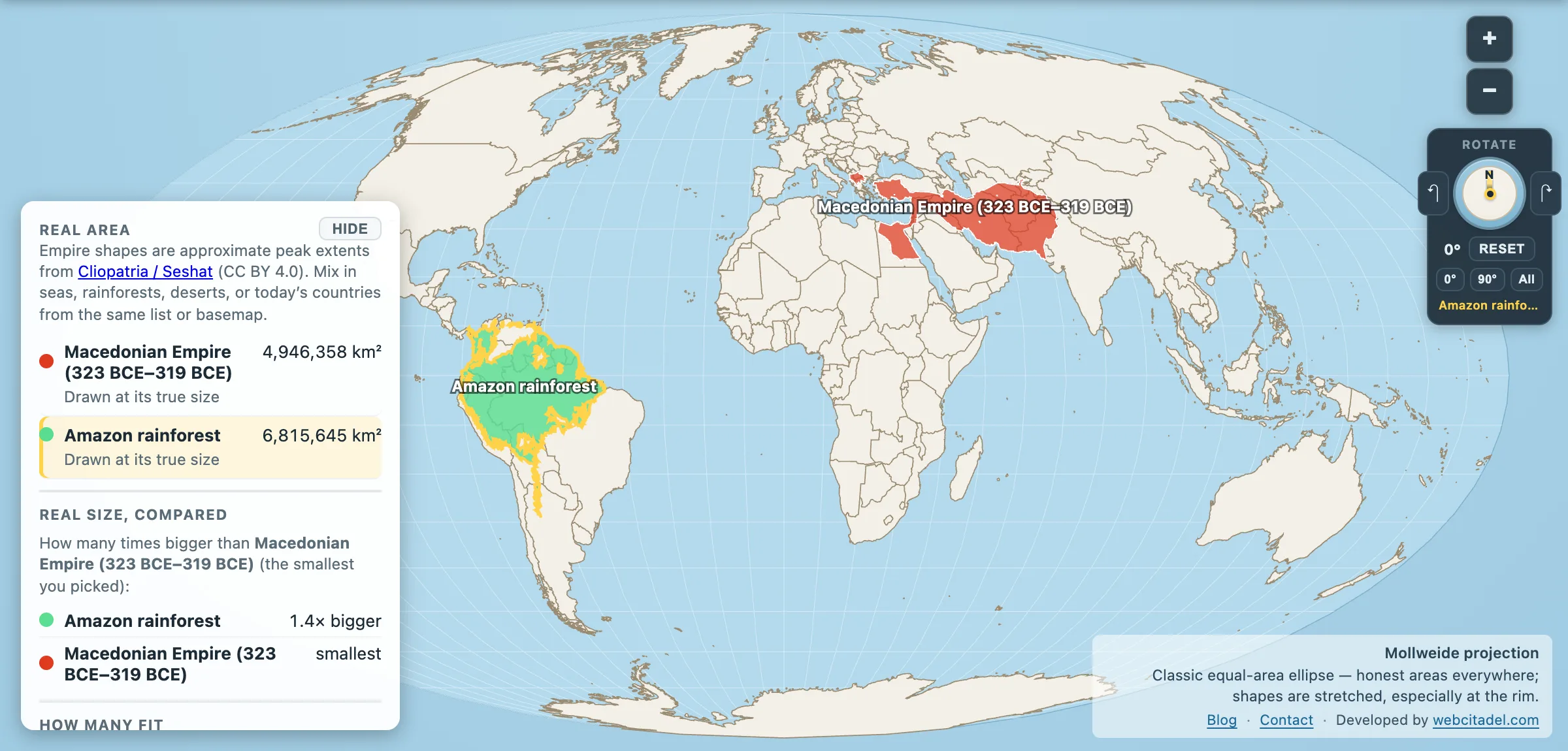 Macedonian Empire compared with the Amazon rainforest on a Mollweide map