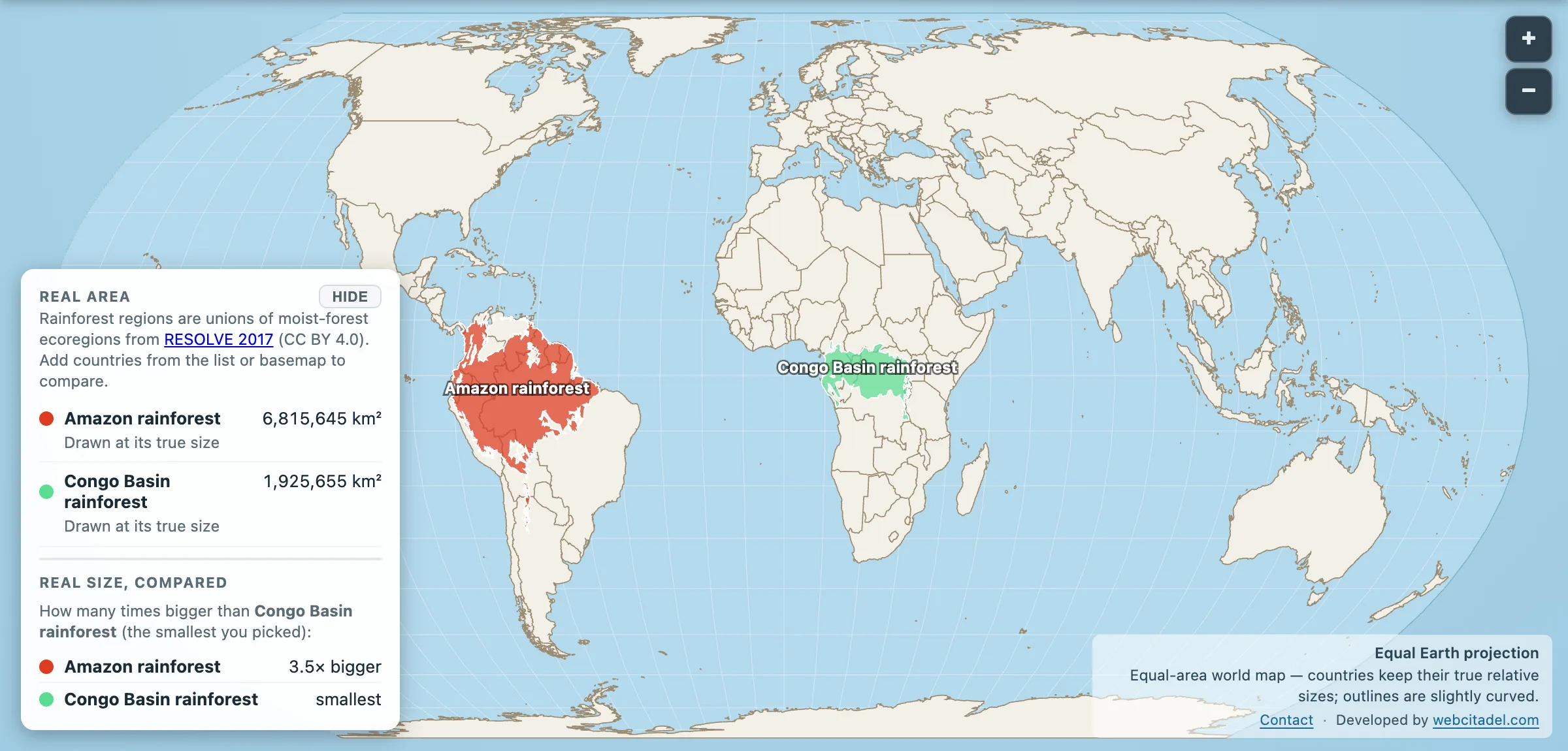 Amazon and Congo Basin rainforests on an equal-area map