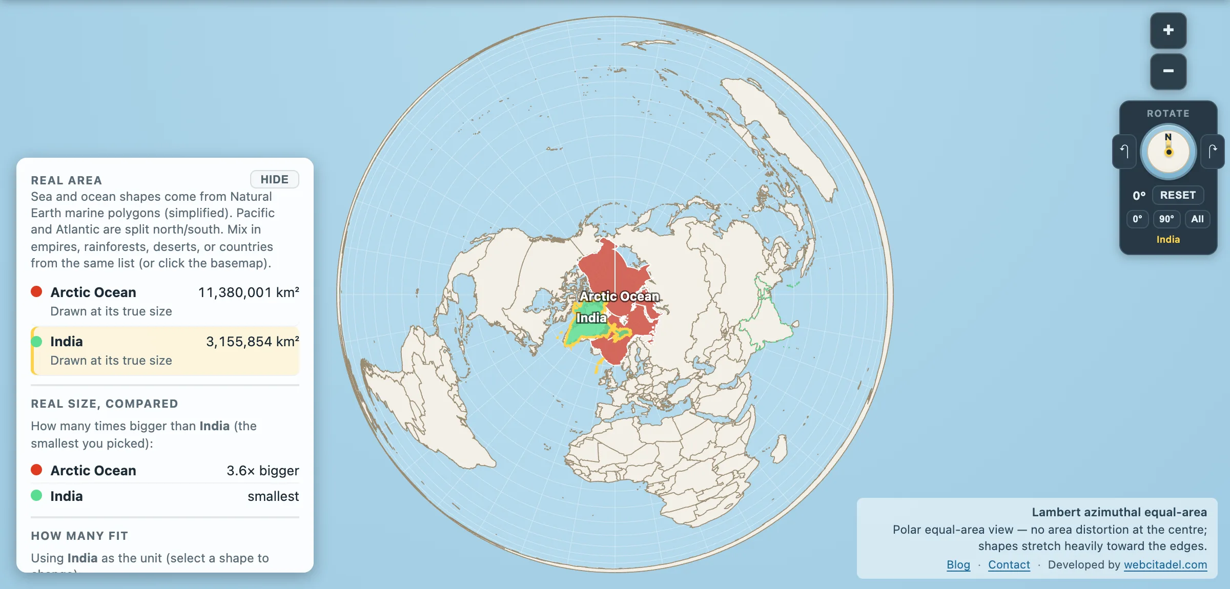 Arctic Ocean compared with India on a polar equal-area map