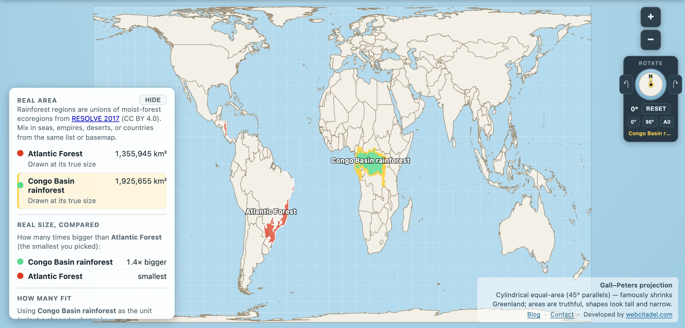 Atlantic Forest compared with the Congo Basin on a Gall–Peters map