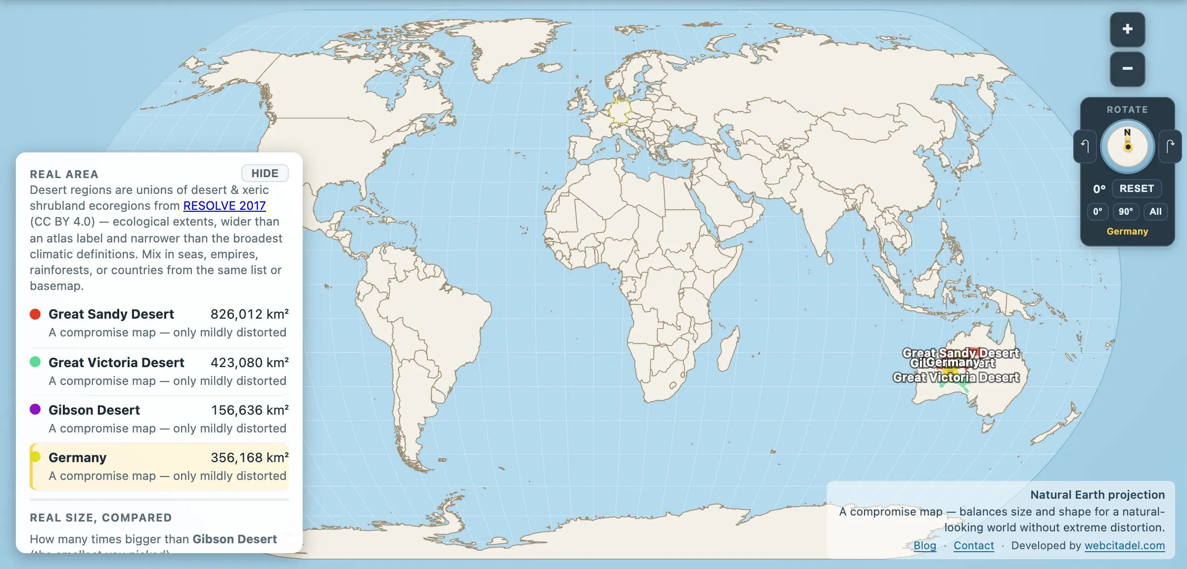 Australia&rsquo;s three great deserts compared with Germany on a Natural Earth map