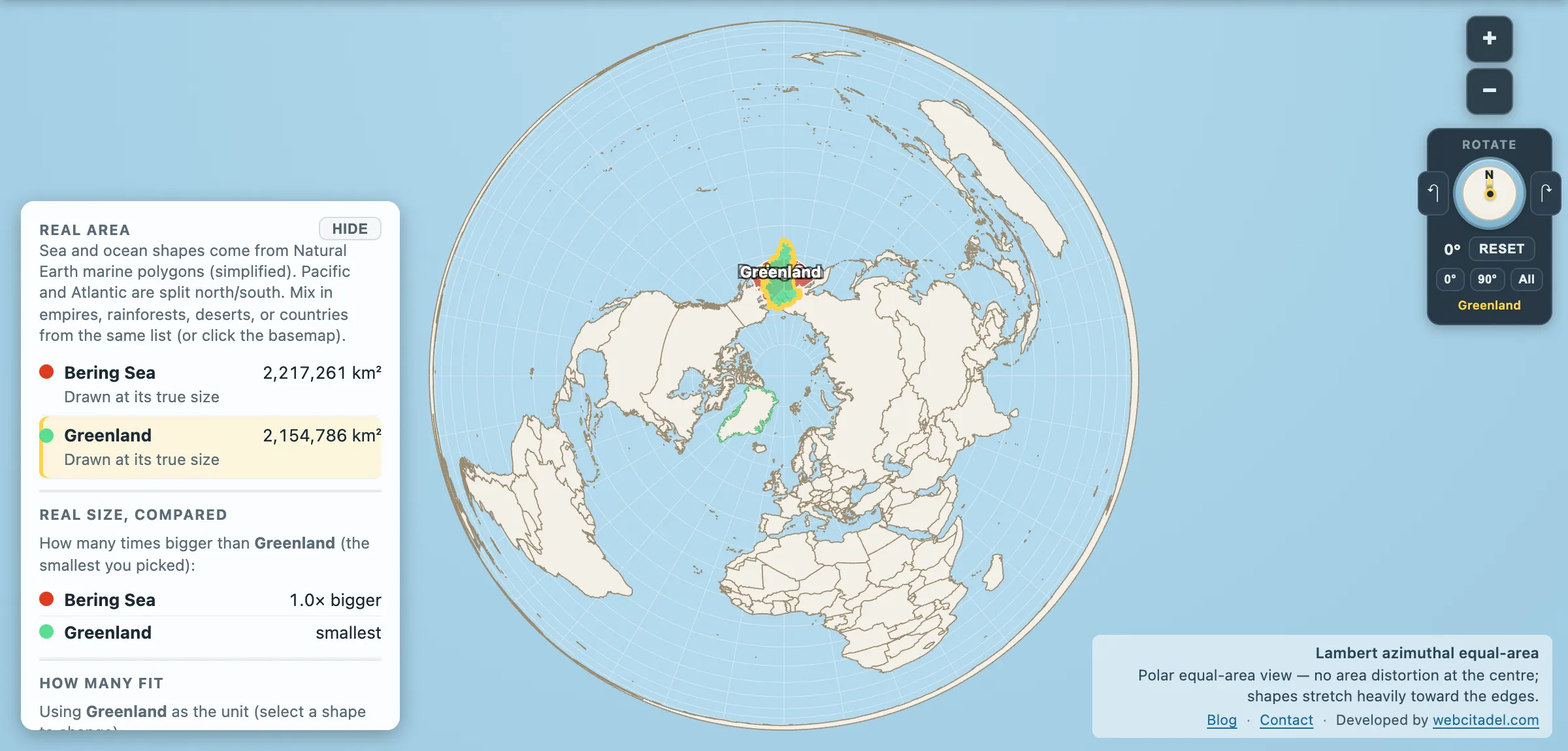 Bering Sea compared with Greenland on a polar equal-area map