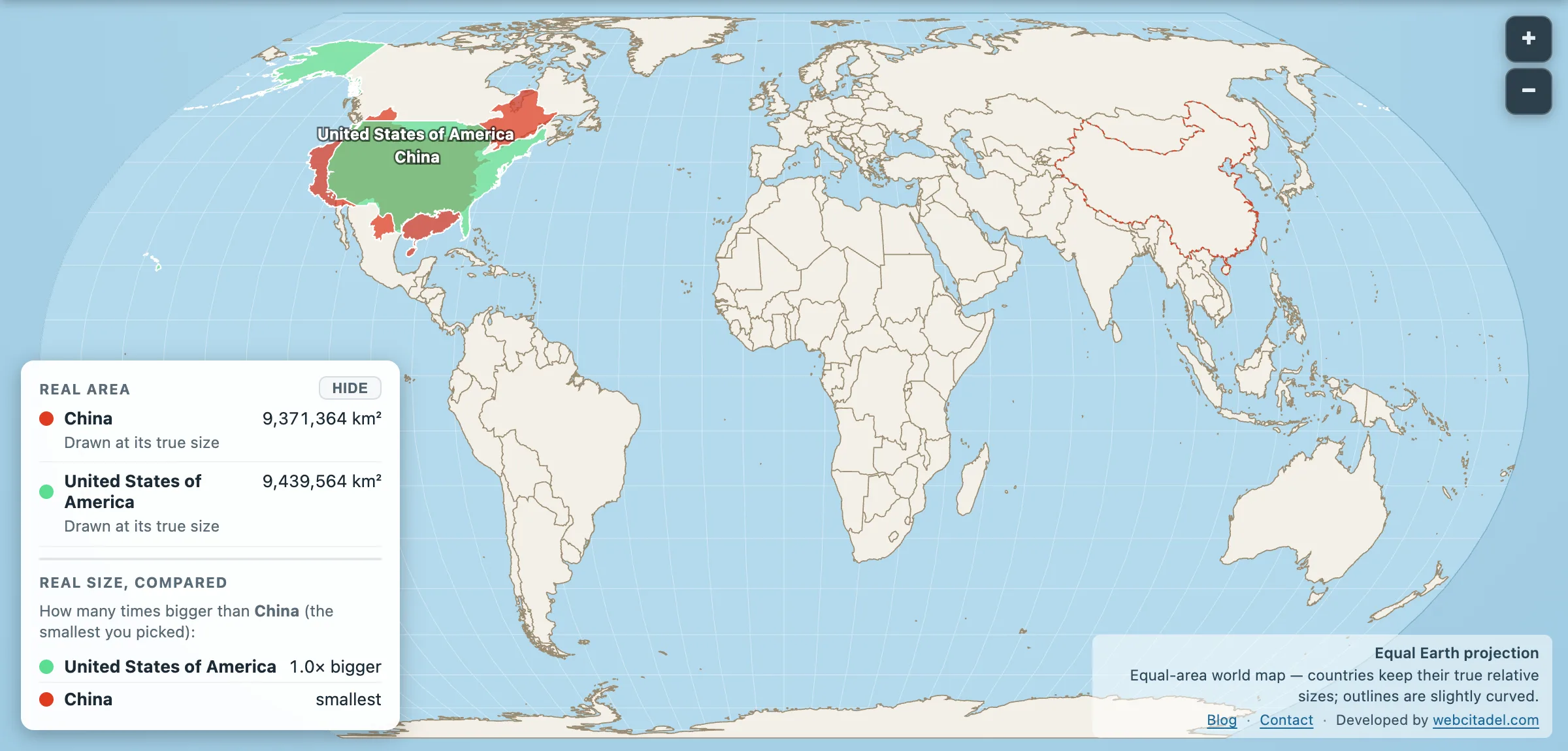 China dragged over the United States on an equal-area map
