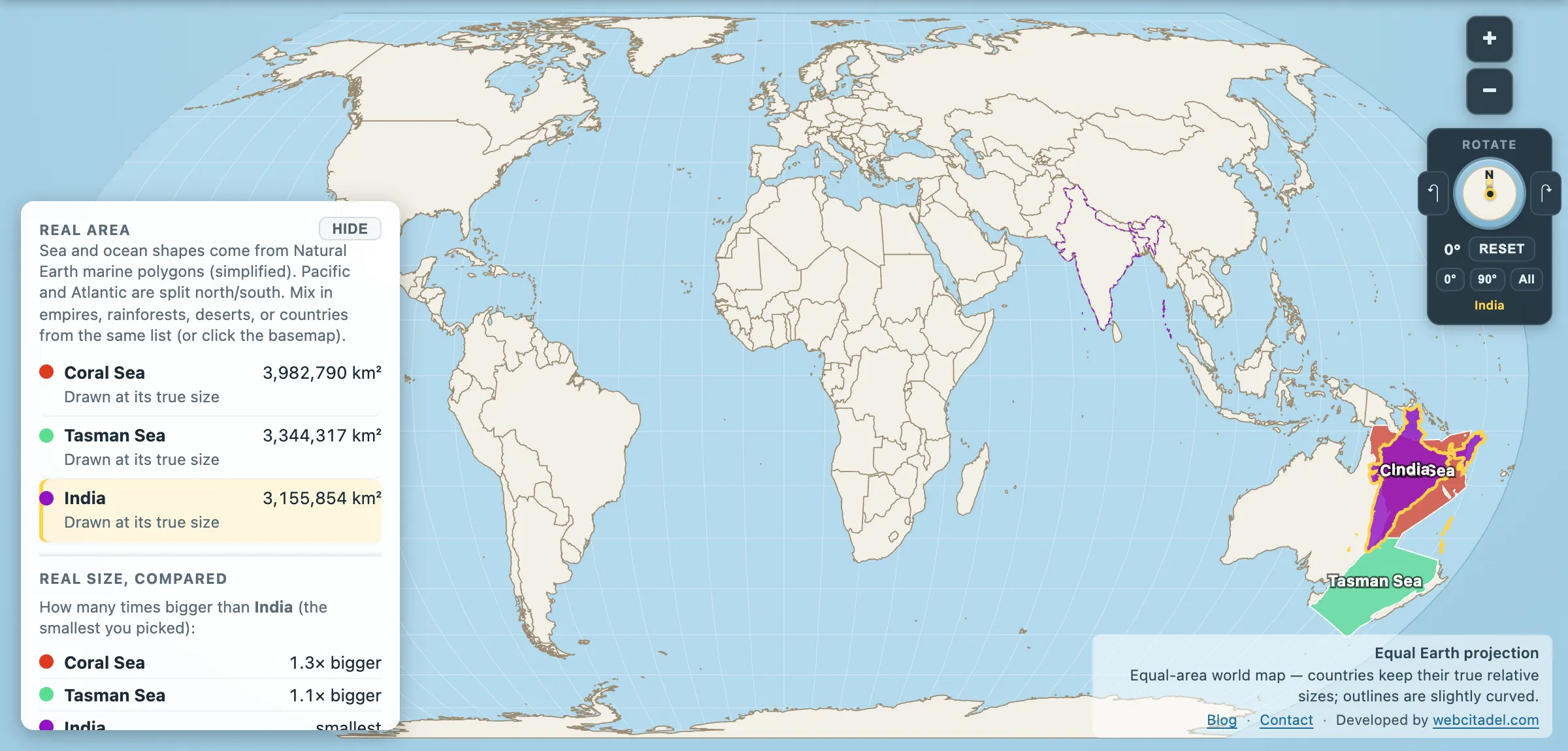 Coral Sea and Tasman Sea compared with India on an equal-area map