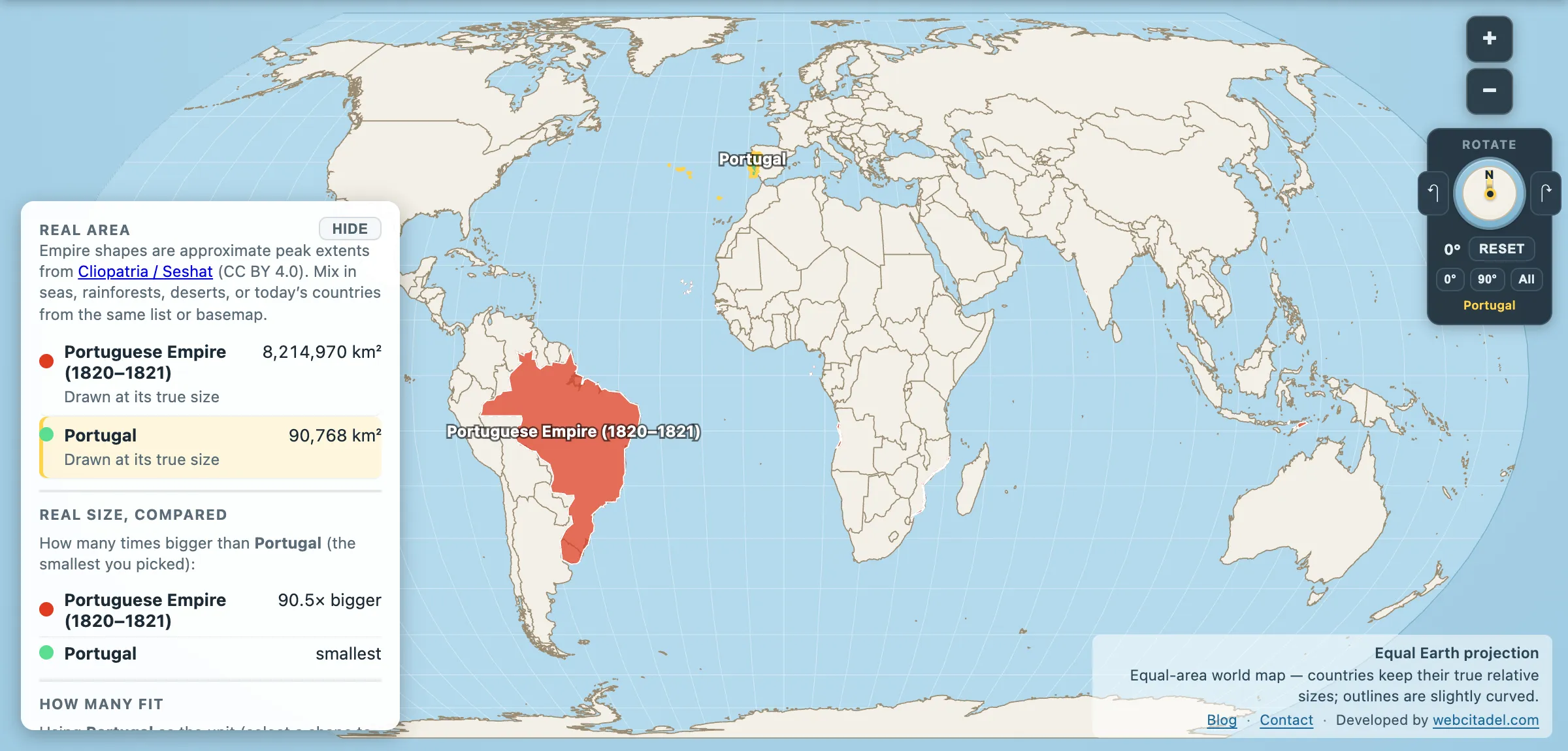 Portuguese Empire compared with Portugal on an equal-area map
