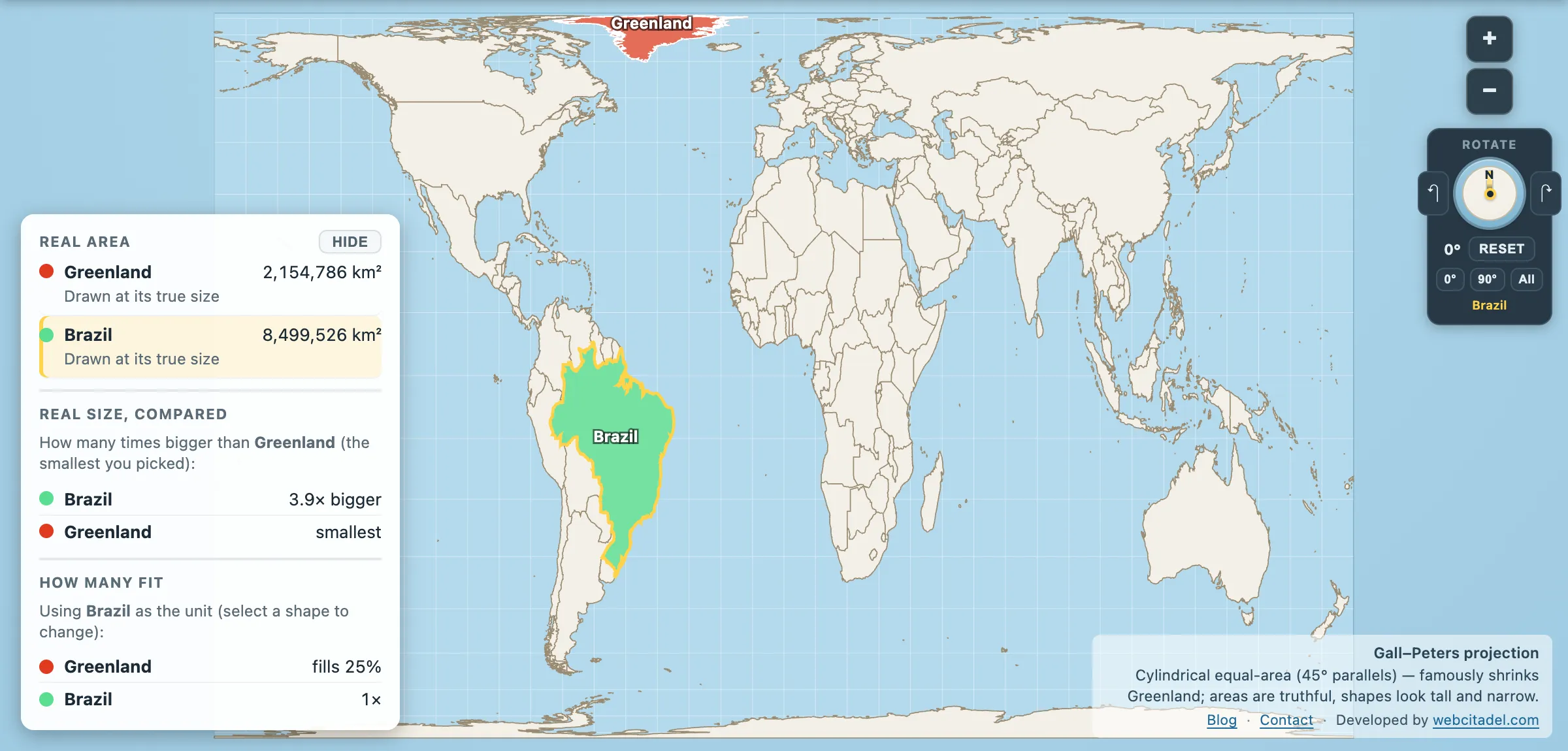 Greenland and Brazil on the Gall–Peters equal-area projection
