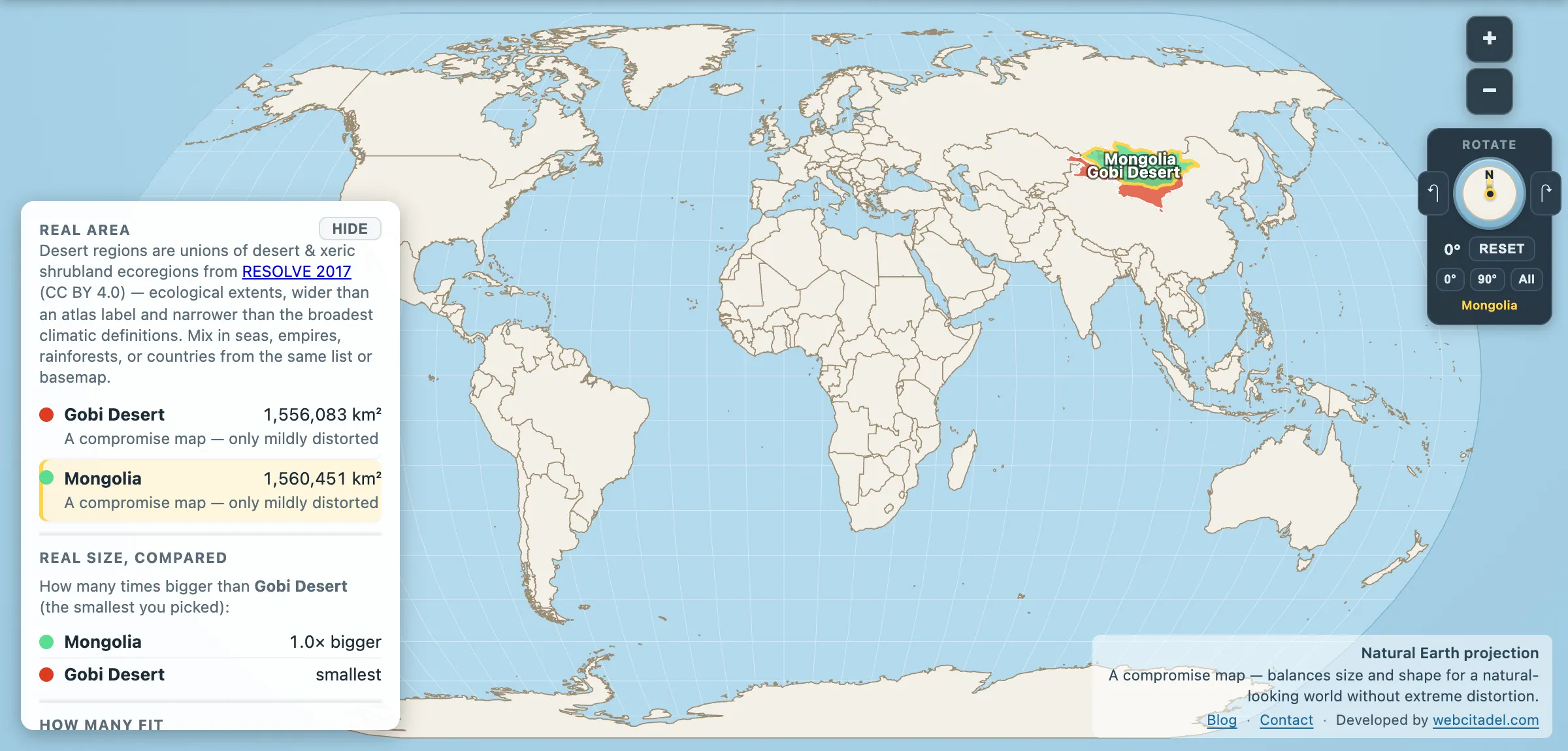 Gobi Desert compared with Mongolia on a Natural Earth map