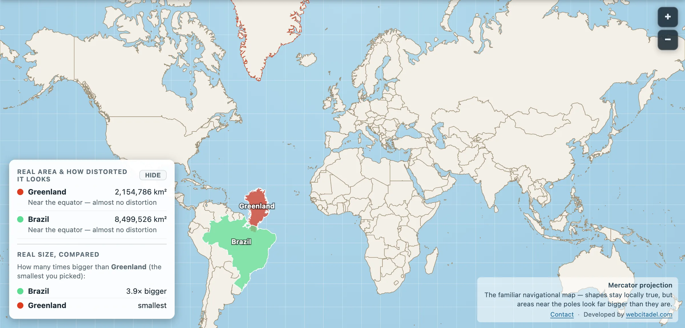 Greenland dragged next to Brazil on a Mercator map