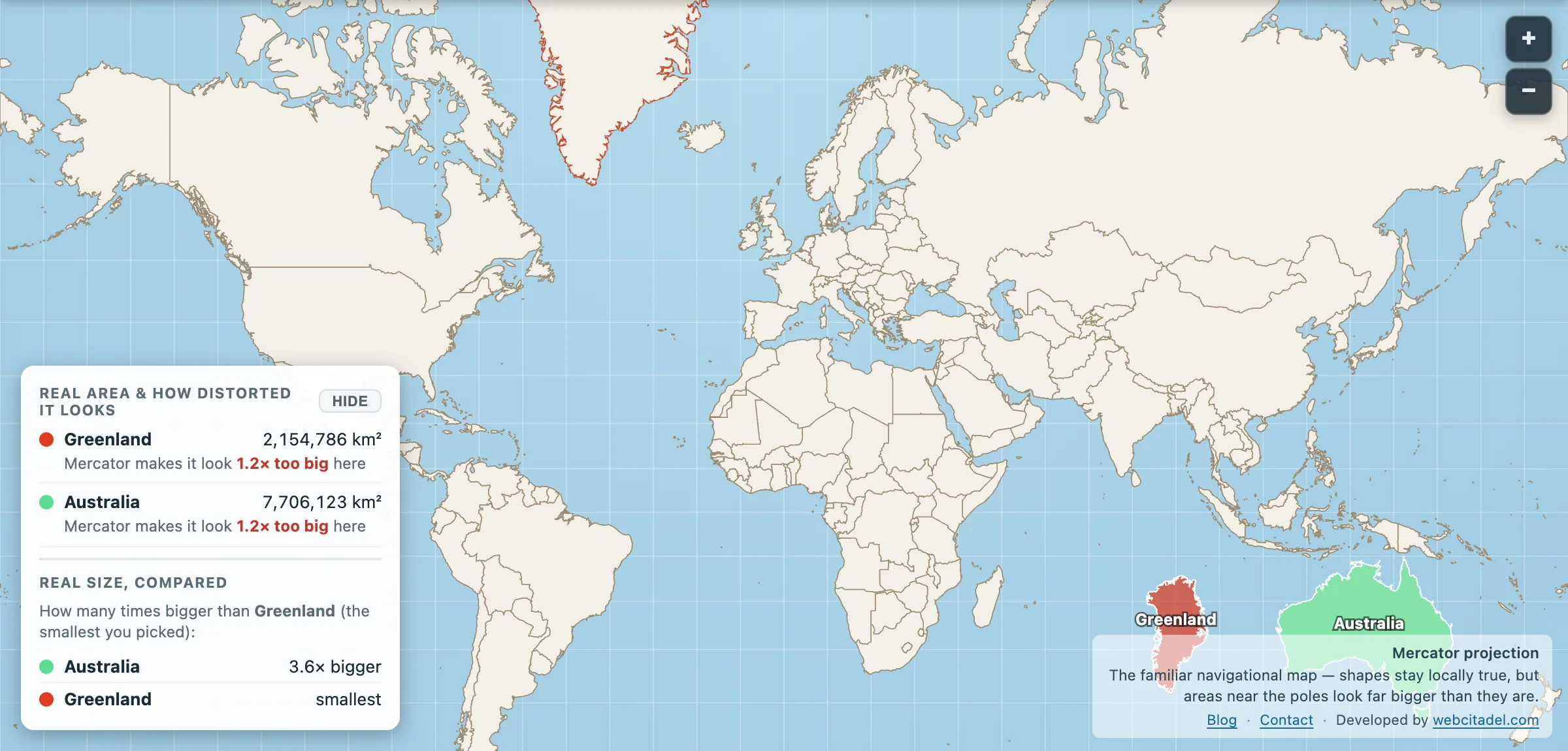 Greenland dragged next to Australia on a Mercator map