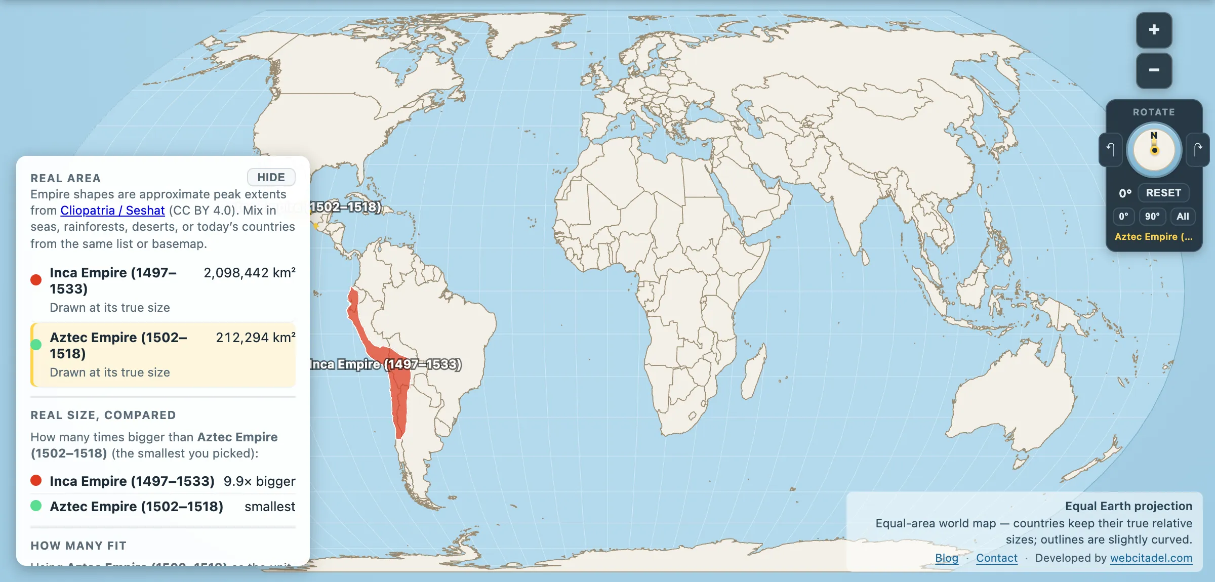 Inca Empire and Aztec Empire compared on an equal-area map