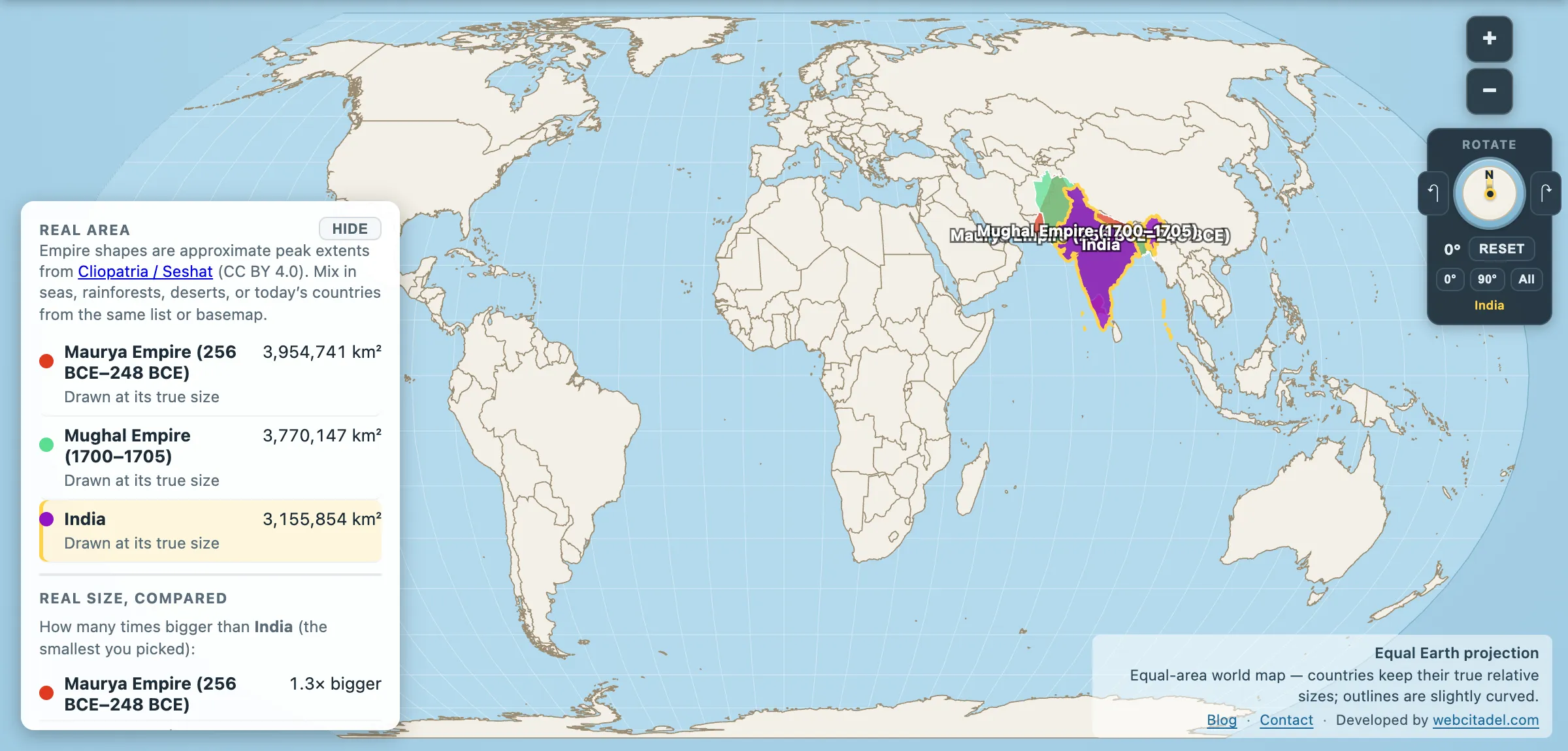 Maurya Empire, Mughal Empire and modern India compared on an equal-area map