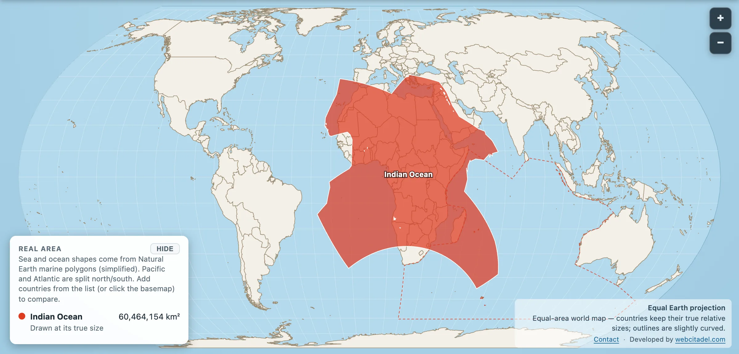 Indian Ocean basin laid over Africa on an equal-area world map