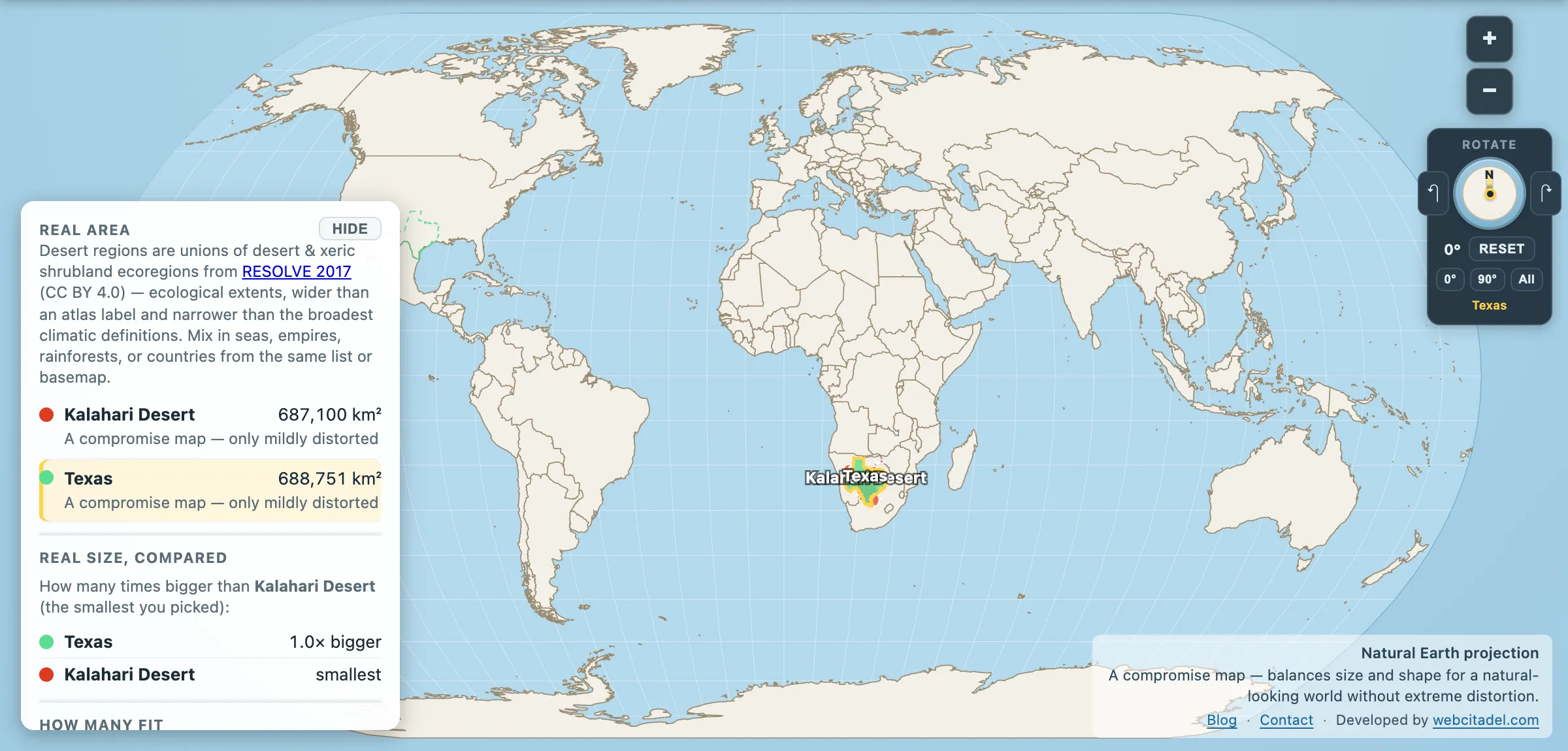 Kalahari Desert compared with Texas on a Natural Earth map
