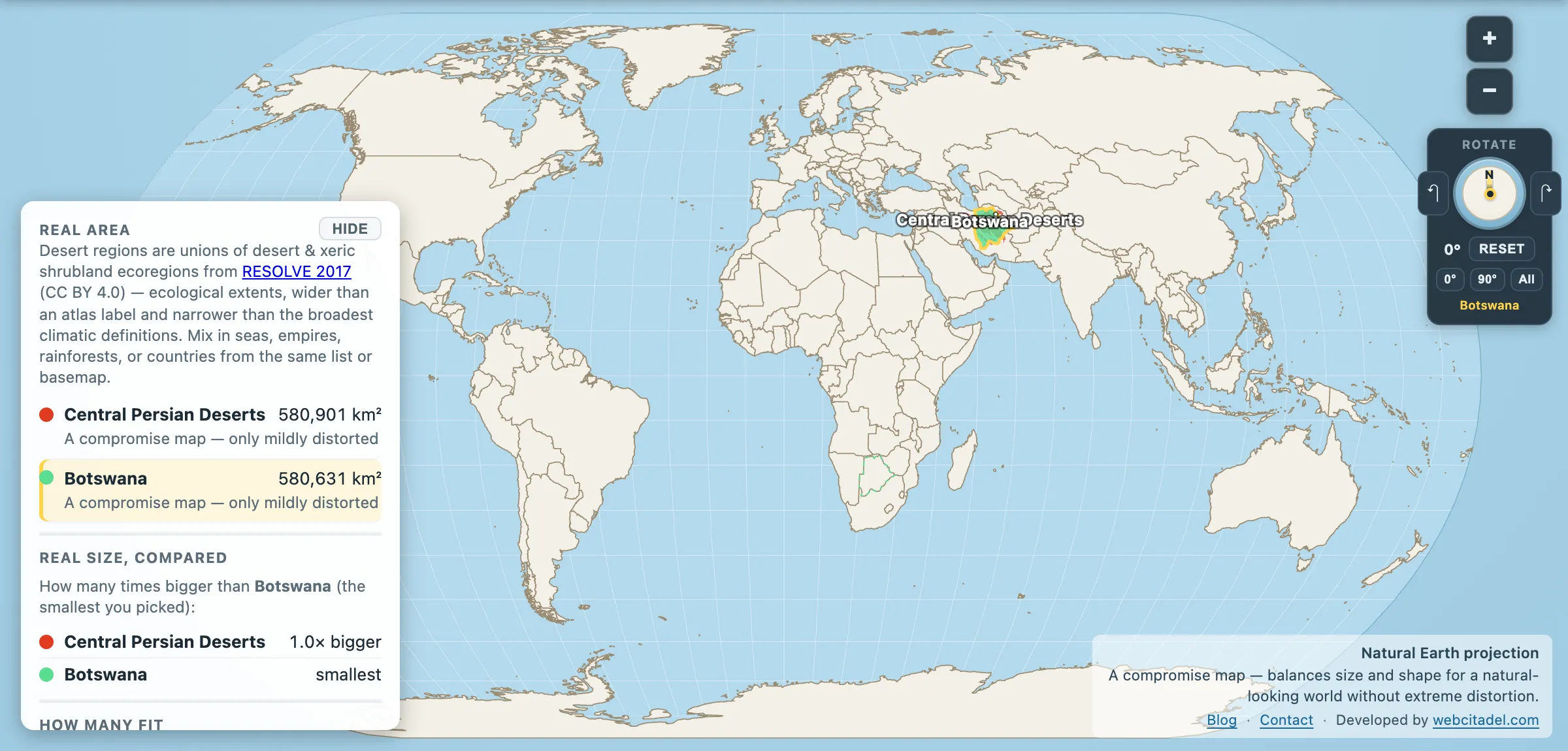Central Persian Deserts compared with Botswana on a Natural Earth map