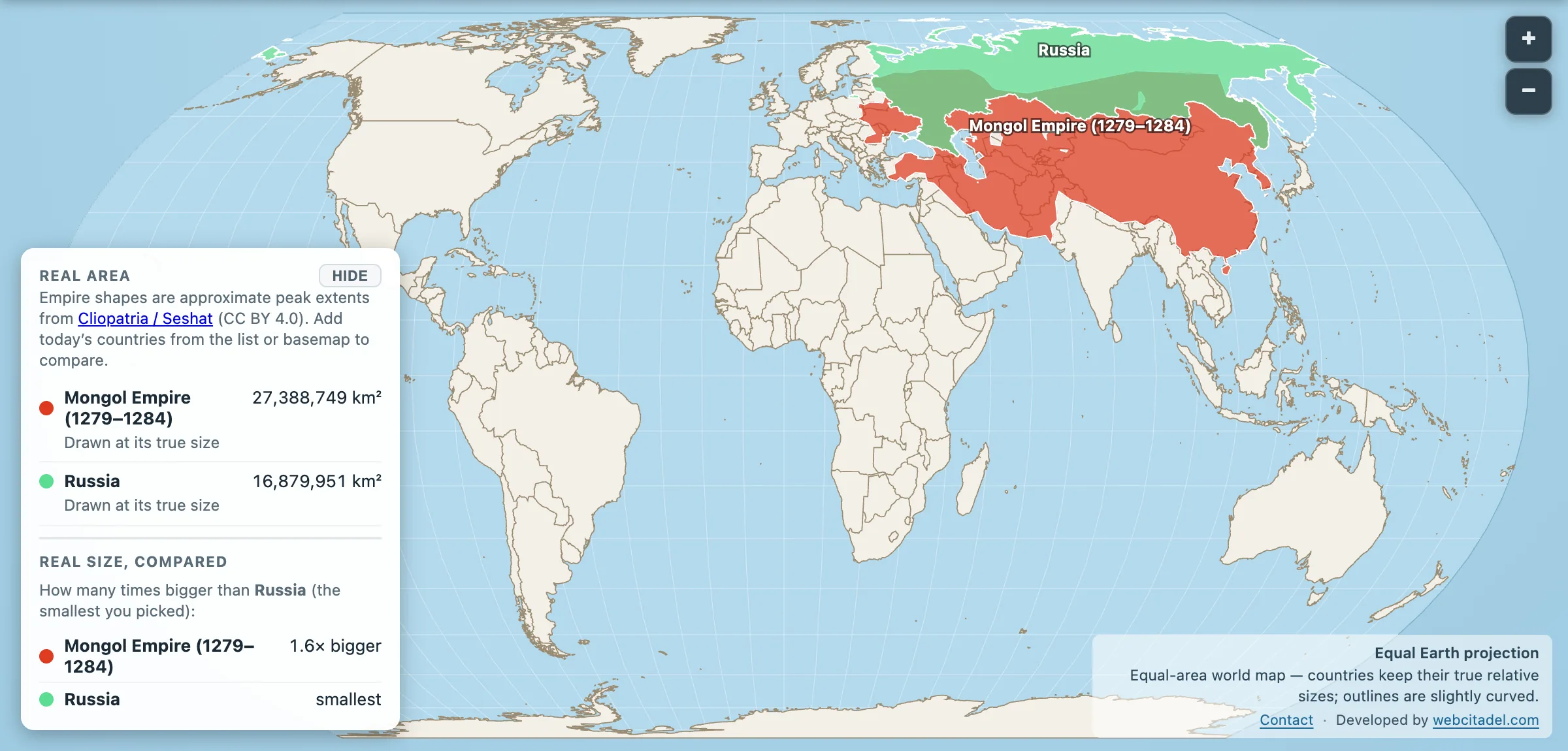 Mongol Empire peak extent compared with modern Russia