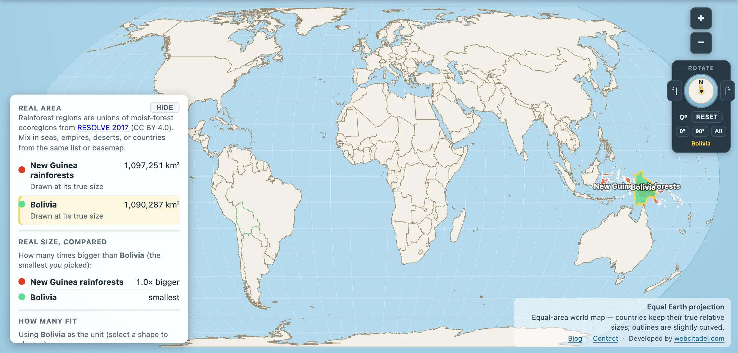 New Guinea rainforests compared with Bolivia on an equal-area map