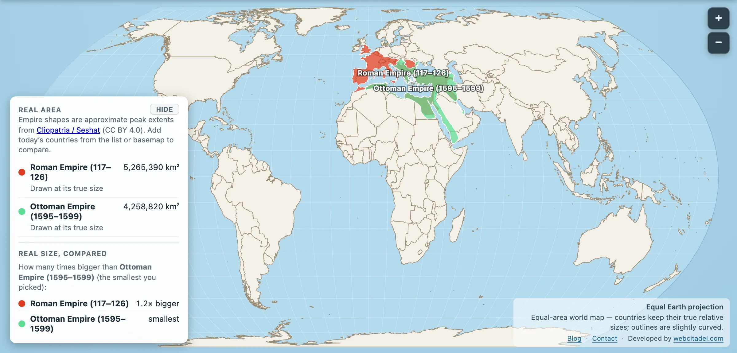 Roman and Ottoman empires compared on an equal-area map