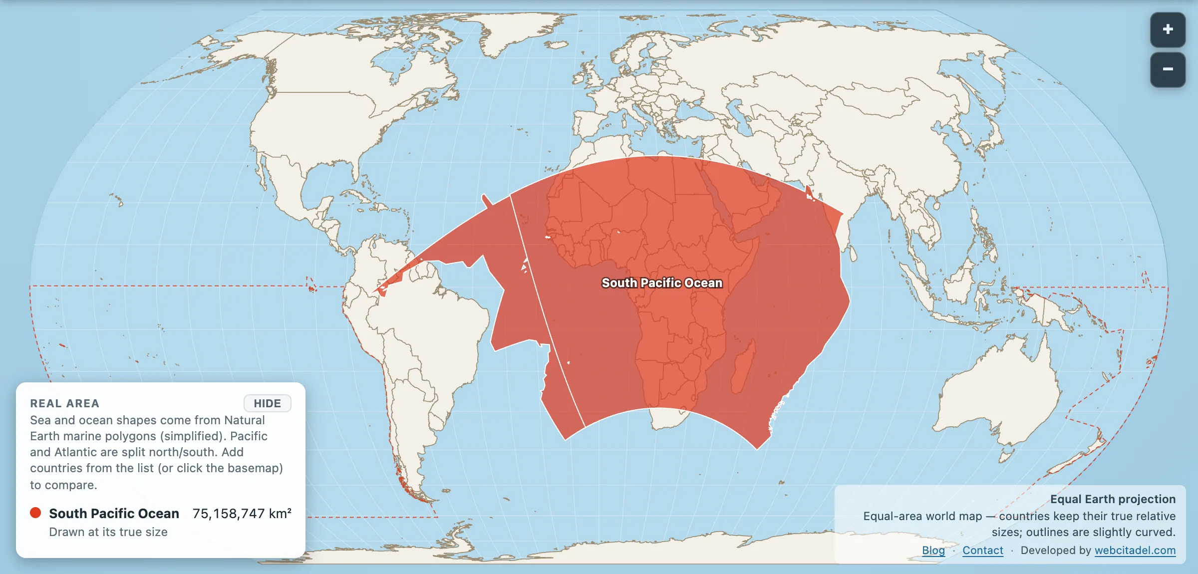 South Pacific Ocean laid over Africa and the continents