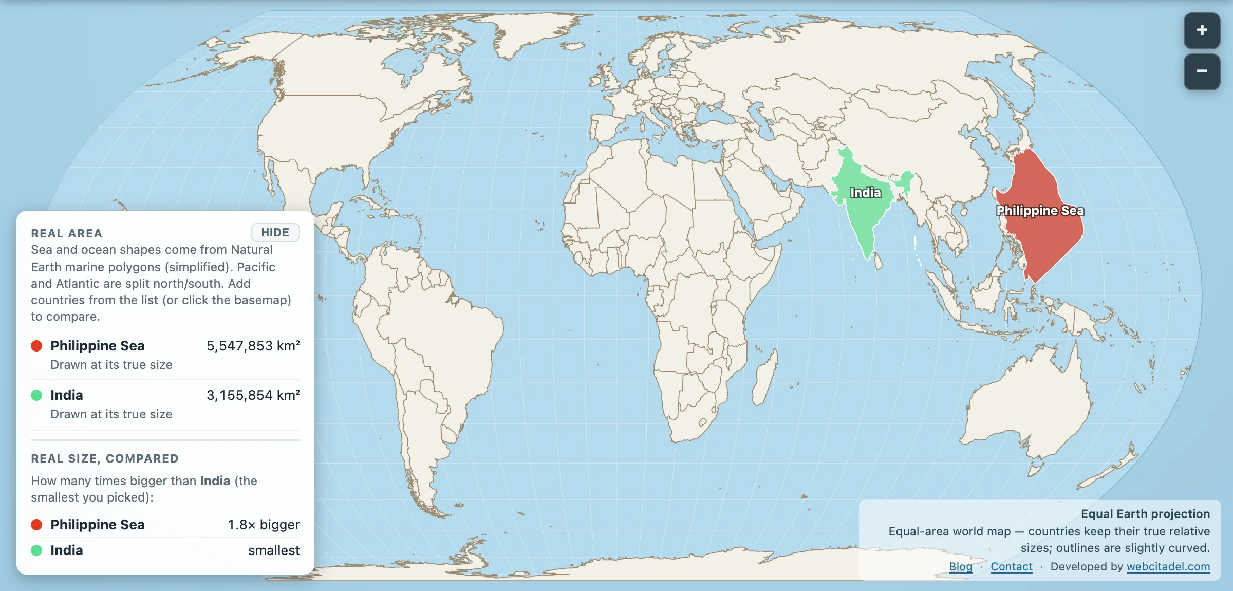 Philippine Sea compared with India on an equal-area map