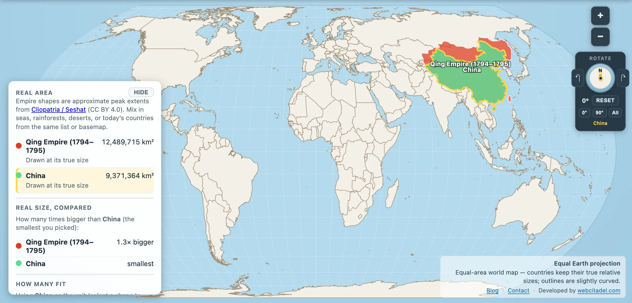 Qing Empire compared with modern China on an equal-area map