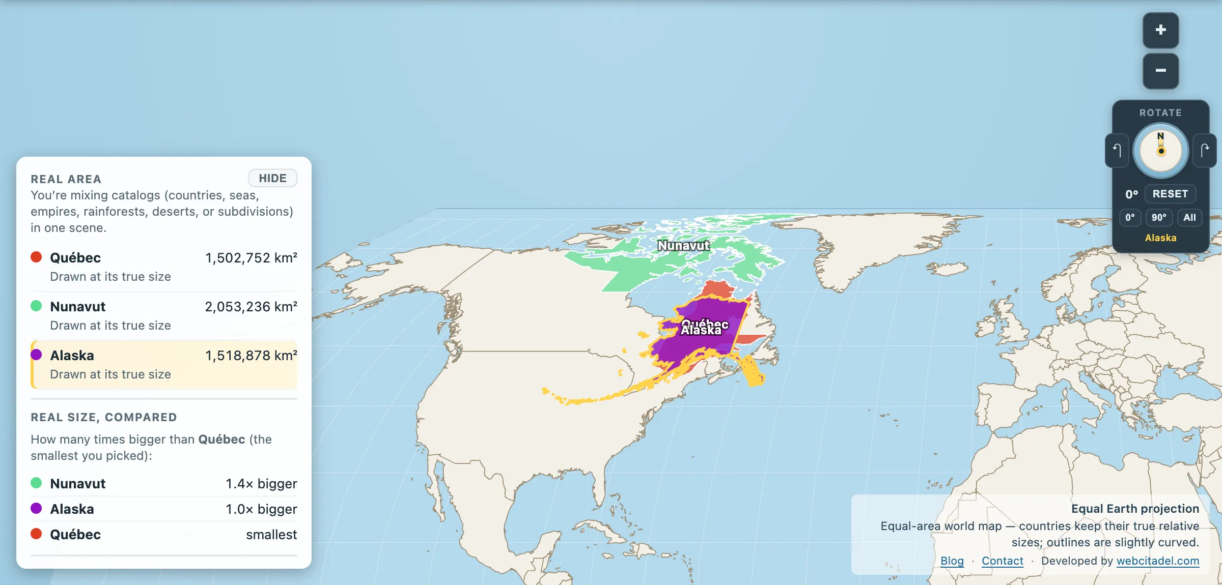 Quebec, Nunavut and Alaska compared on an equal-area map