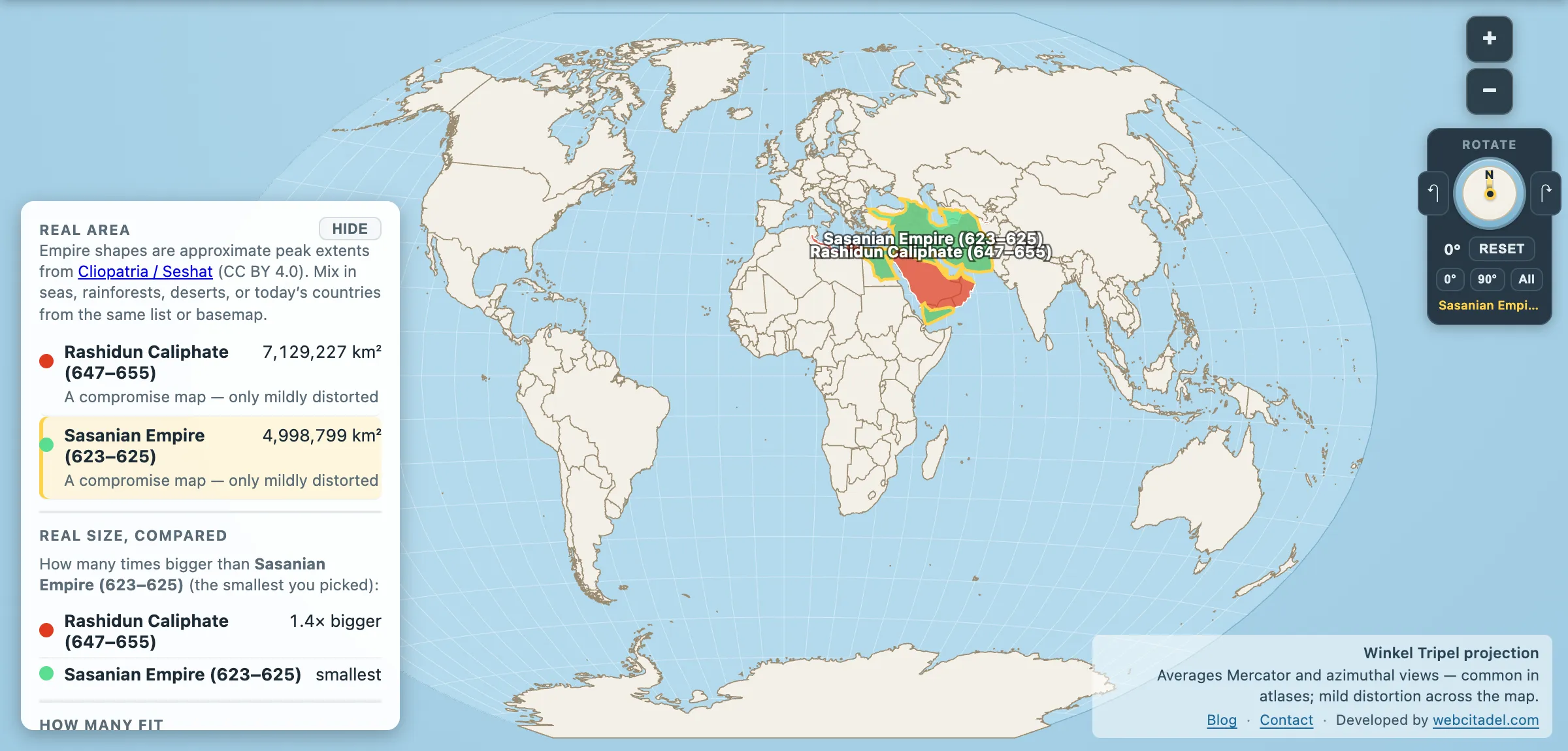 Rashidun Caliphate compared with the Sasanian Empire on a Winkel Tripel map
