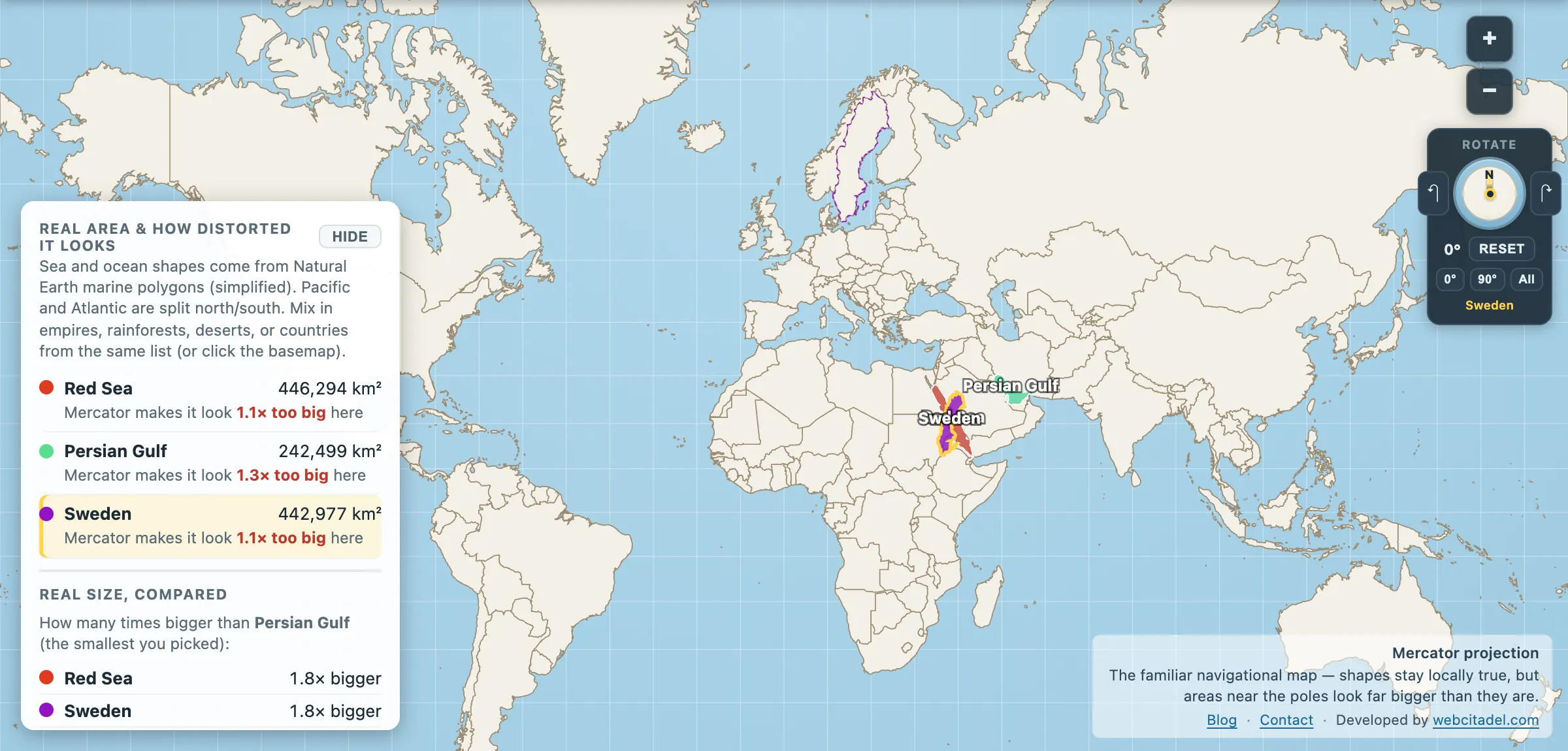 The same comparison on Mercator