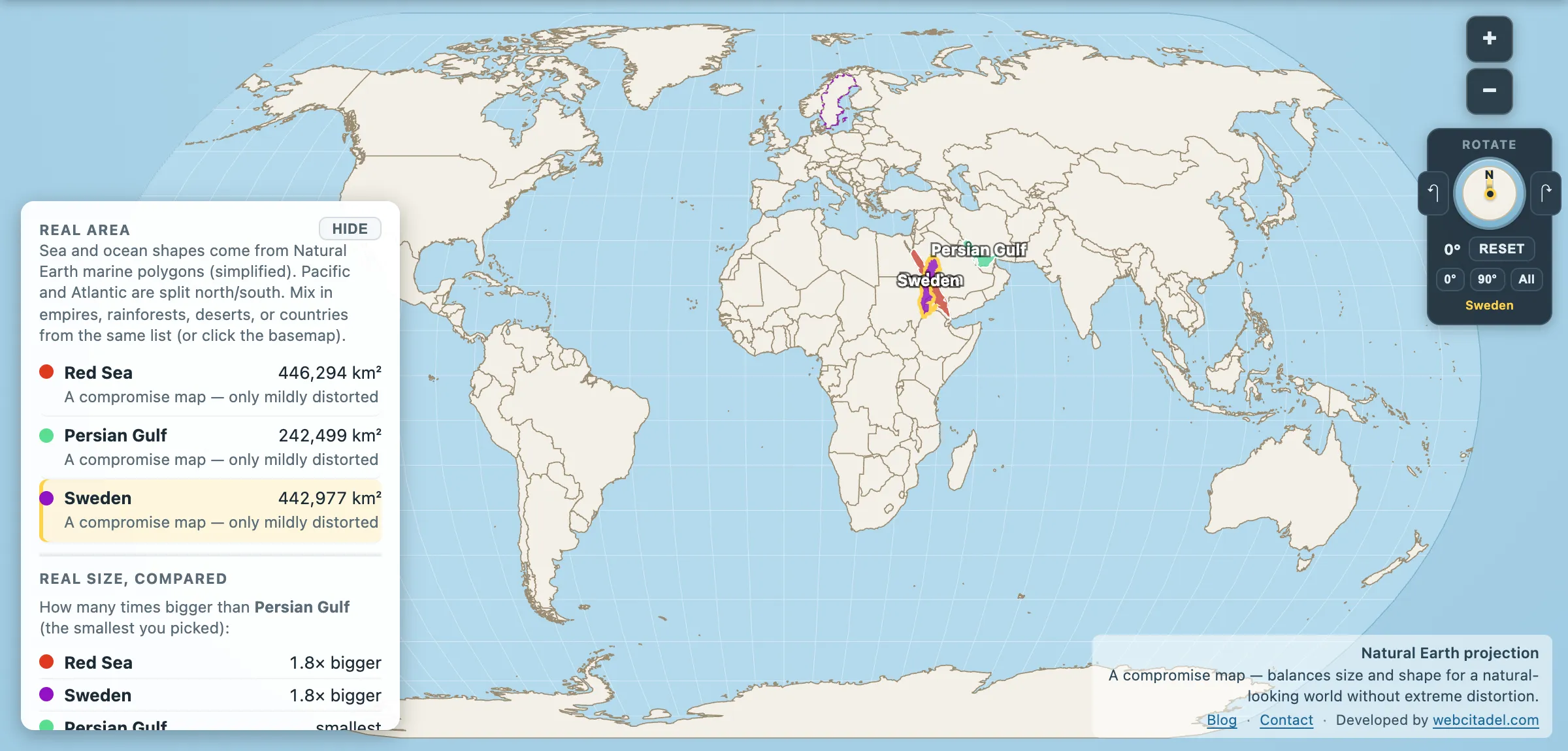 Red Sea and Persian Gulf compared with Sweden on a Natural Earth map