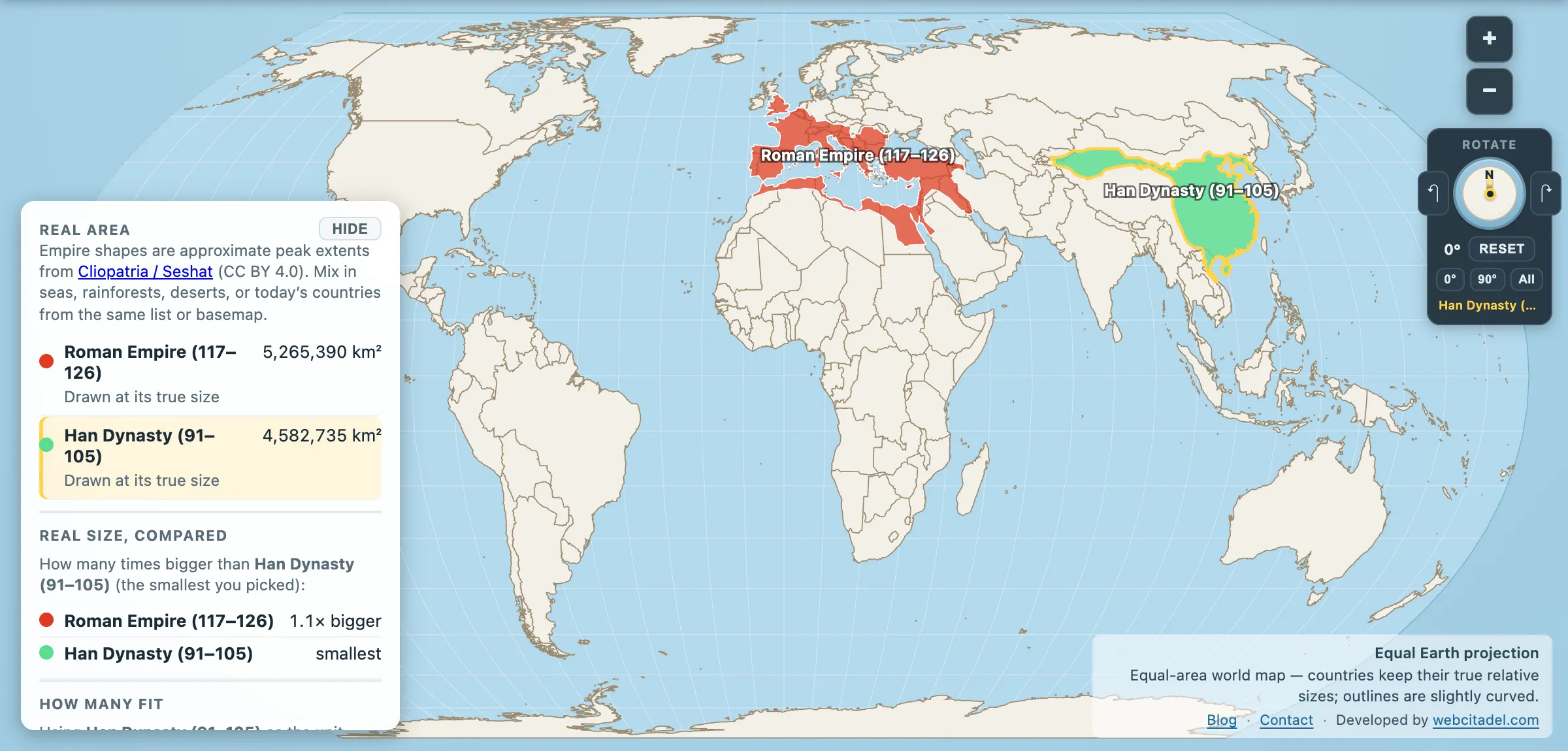 Roman Empire and Han Dynasty compared on an equal-area map