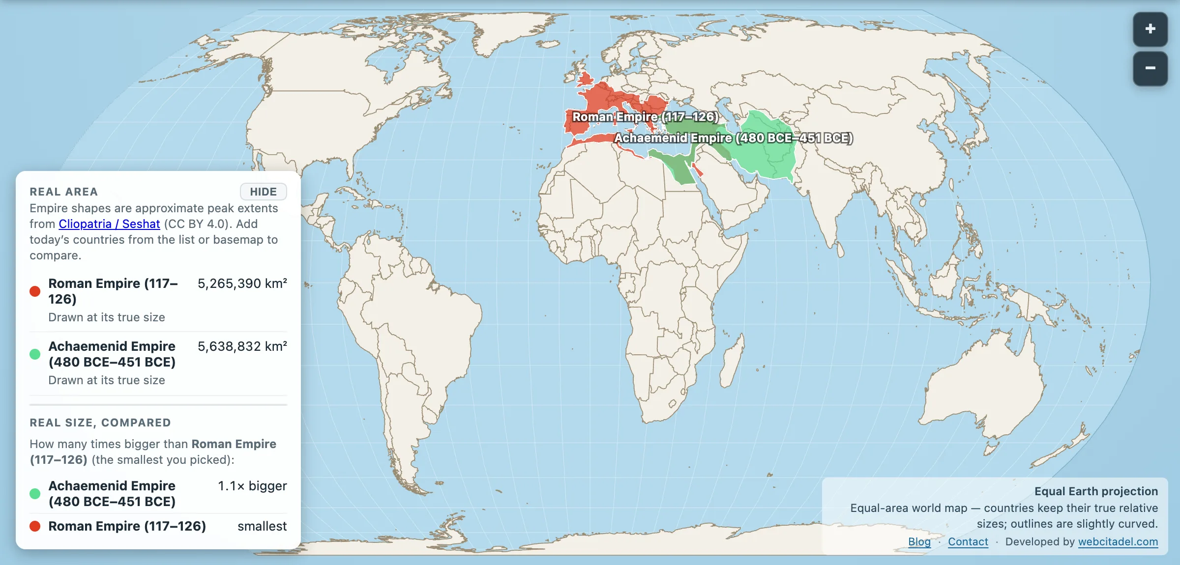 Roman Empire and Achaemenid Persian Empire compared on an equal-area map