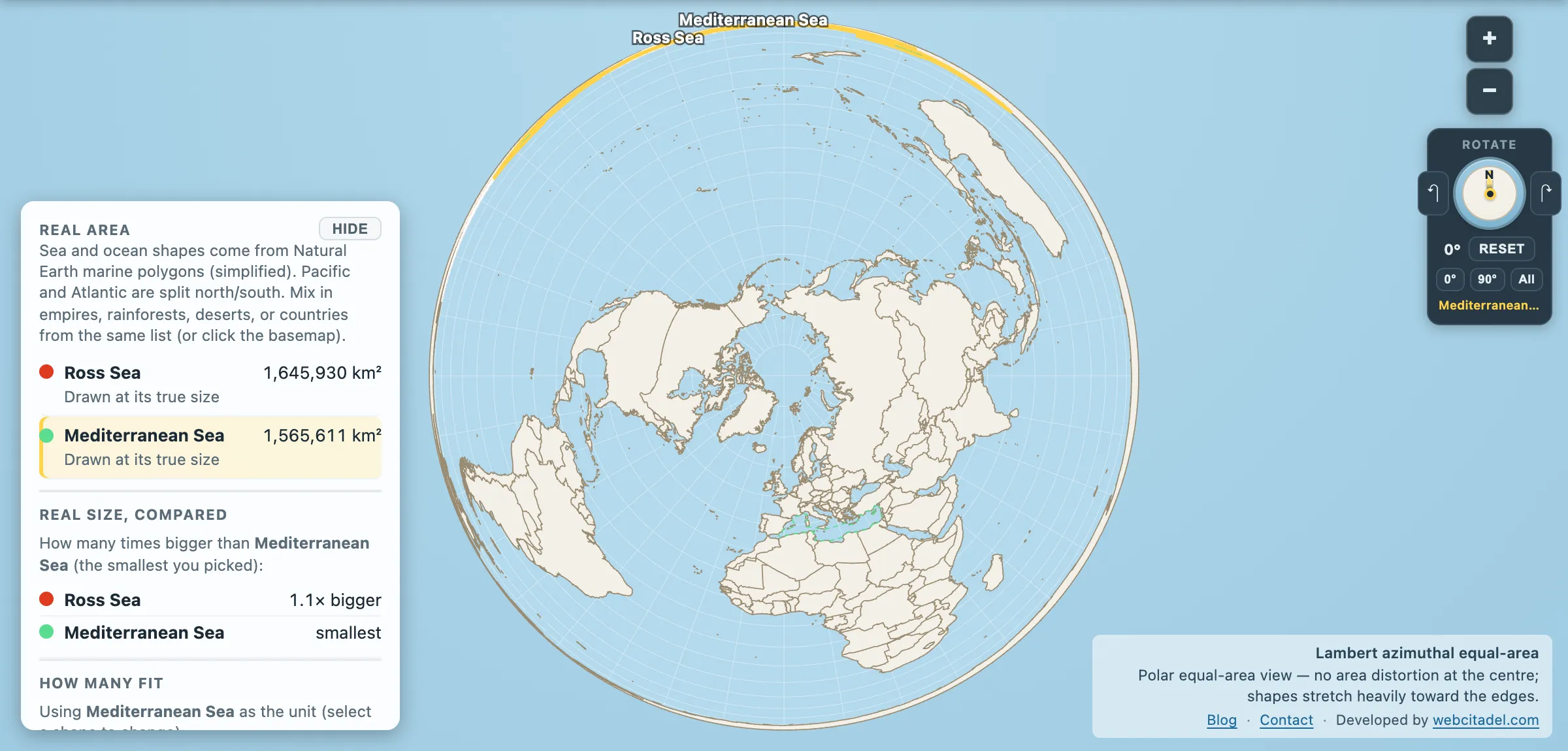 Ross Sea compared with the Mediterranean on a polar equal-area map