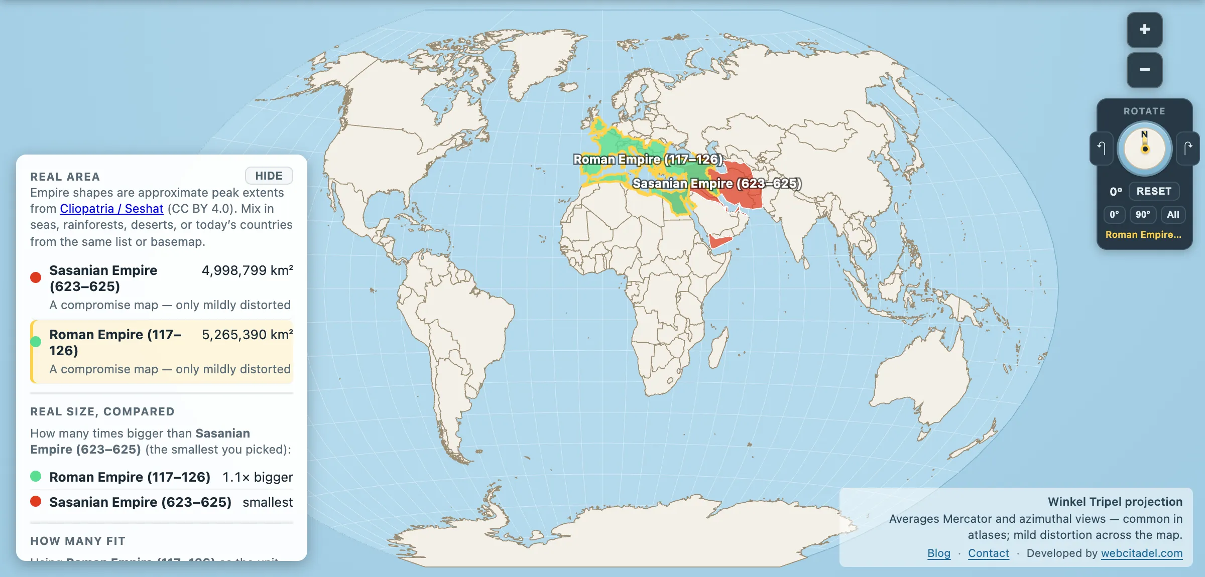 Sasanian Empire and Roman Empire compared on a Winkel Tripel map
