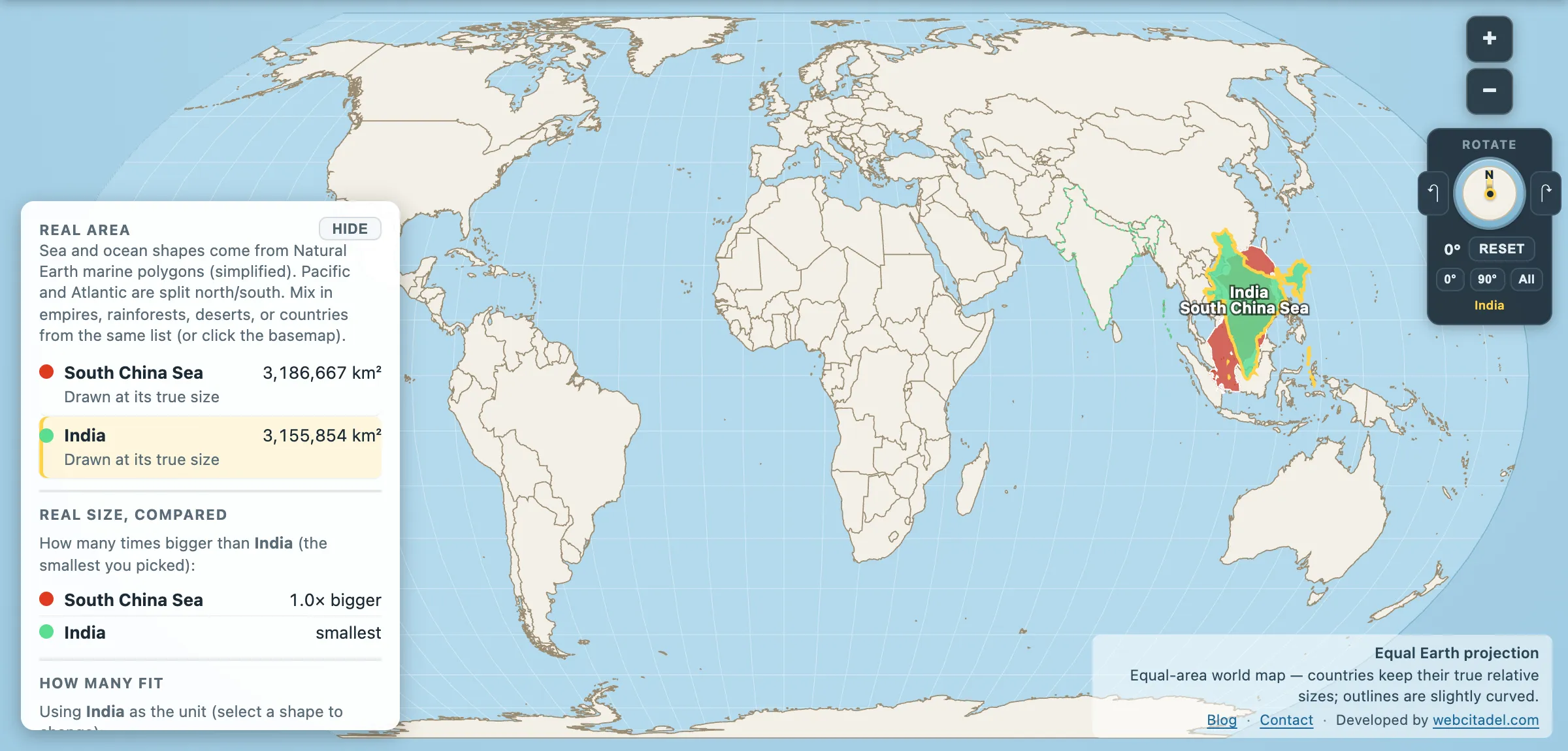 South China Sea compared with India on an equal-area map