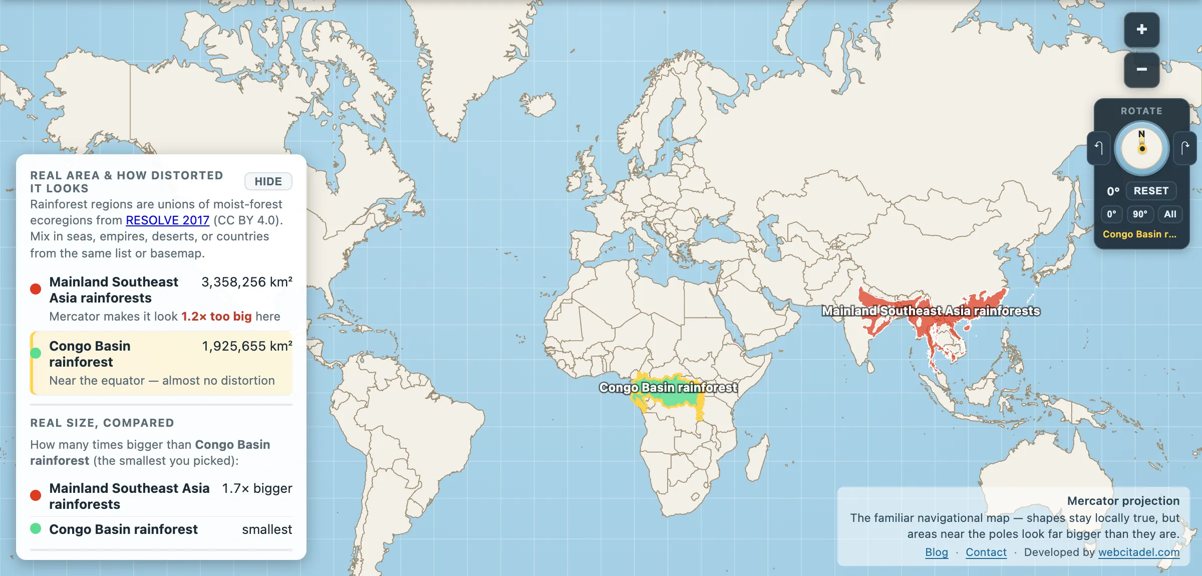 The same comparison on Mercator