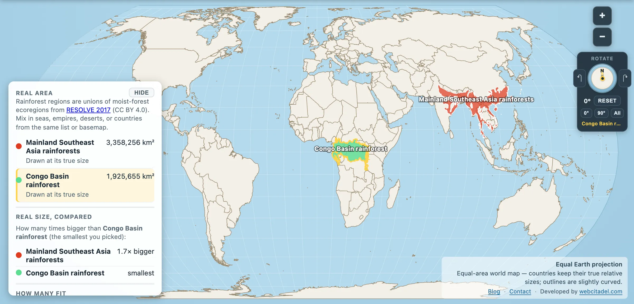 Mainland Southeast Asia rainforests compared with the Congo Basin on an equal-area map