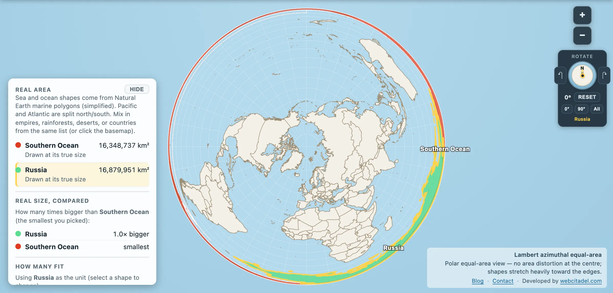 Southern Ocean compared with Russia on a polar equal-area map