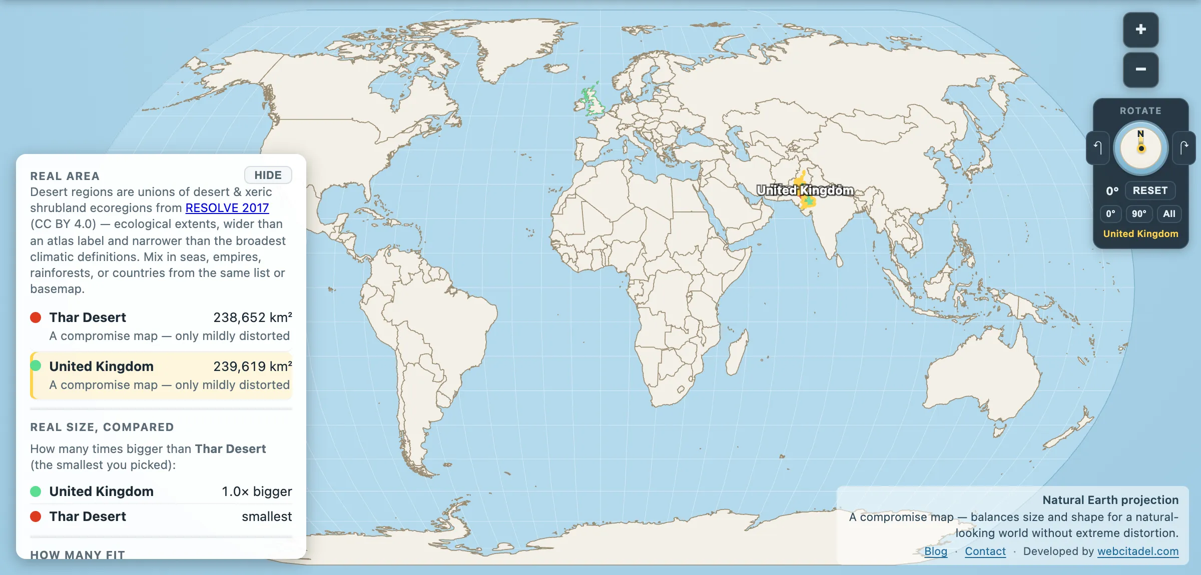 Thar Desert compared with the United Kingdom on a Natural Earth map
