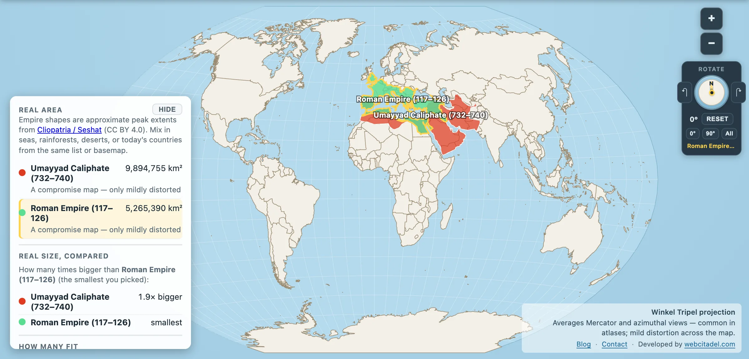 Umayyad Caliphate compared with the Roman Empire on a Winkel Tripel map