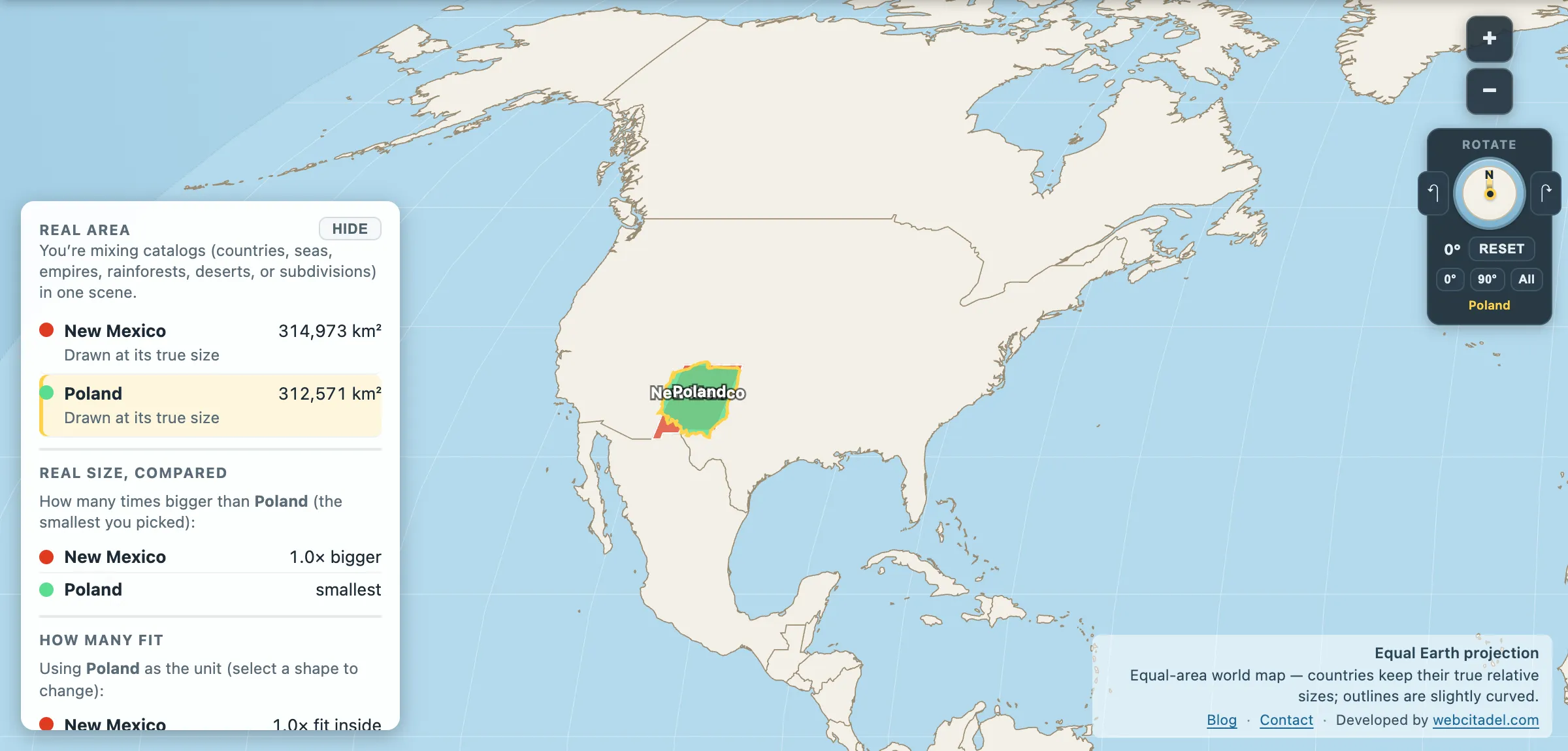 New Mexico compared with Poland on an equal-area map