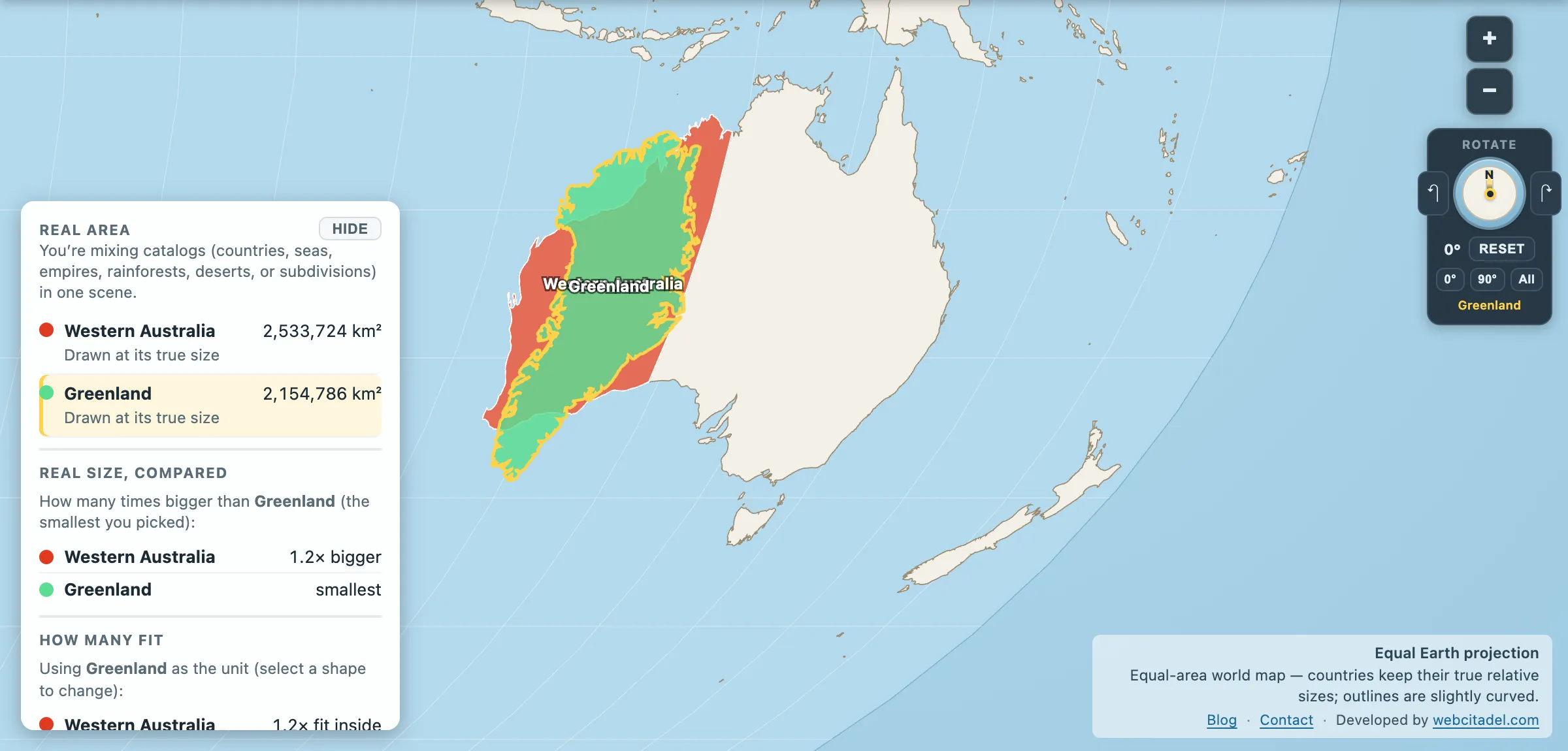 Western Australia compared with Greenland on an equal-area map