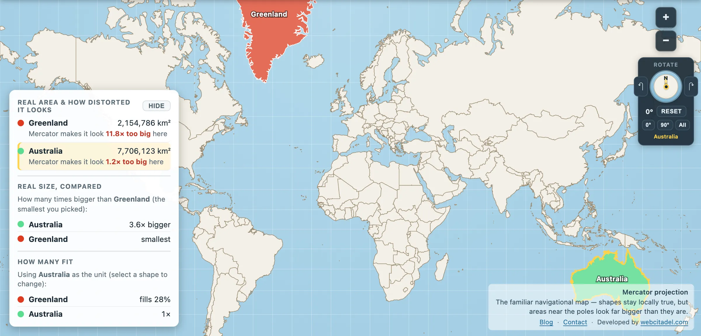 Greenland and Australia on a Mercator map