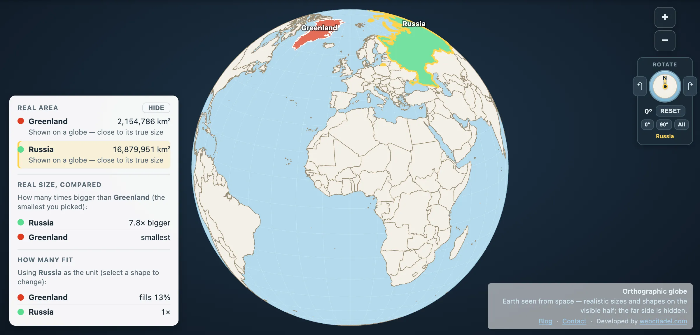 Great circle route shown on a globe view
