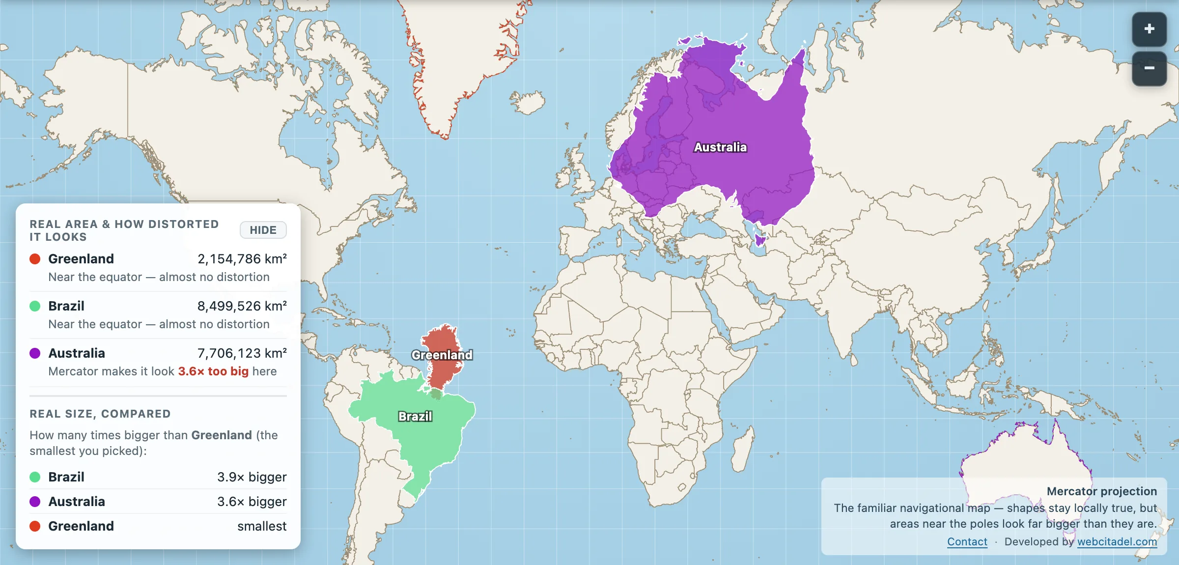Mercator distortion with Greenland, Brazil and Australia