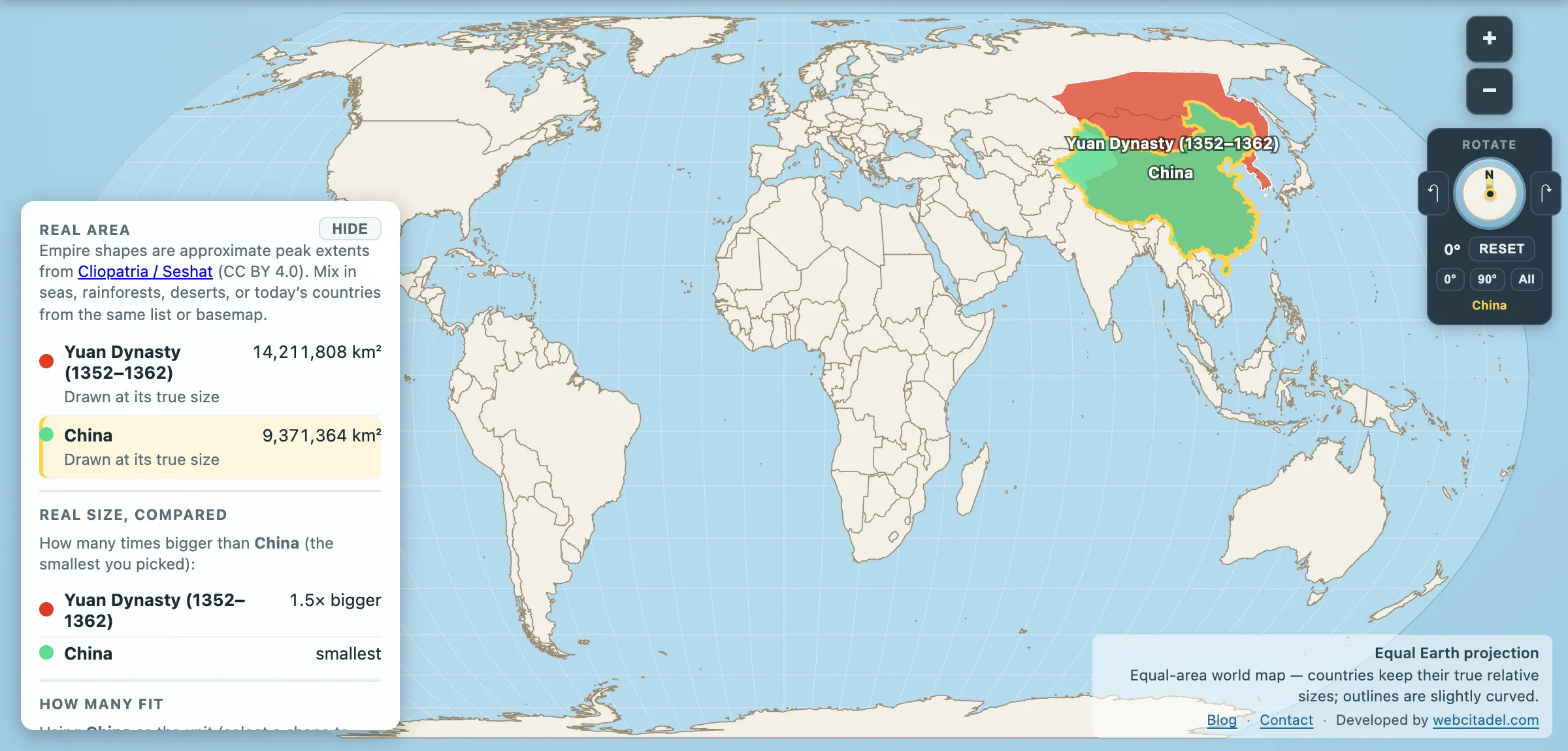Yuan Dynasty compared with modern China on an equal-area map